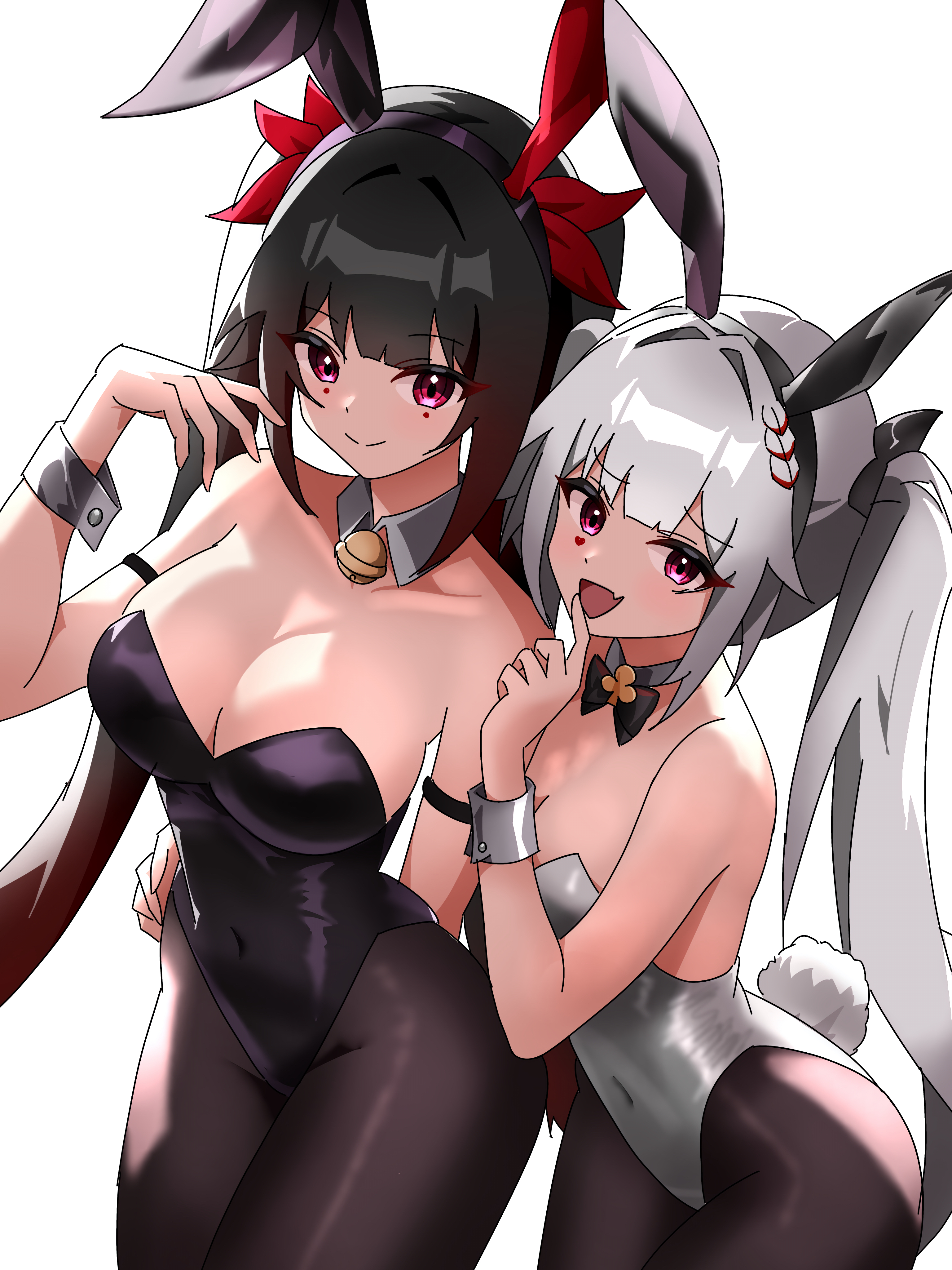 2girls, absurdres, ass, bell, belly, belly button, big ass, black leotard, breasts, brown hair, bunny ears, bunny tail, bunnysuit, cameltoe, collar, detached collar, face markings, fake animal ears, female, female focus, female only, hand on hip, highres, holding partner, honkai (series), honkai: star rail, legwear, leotard, looking at viewer, medium breasts, mouth open, multiple girls, navel, petite, petite body, petite female, red eyes, sideboob, smile, sparkle (honkai: star rail), sparxie (honkai: star rail), stockings, thick thighs, thighs, twintails, white hair, white leotard, wrist cuffs, yuri