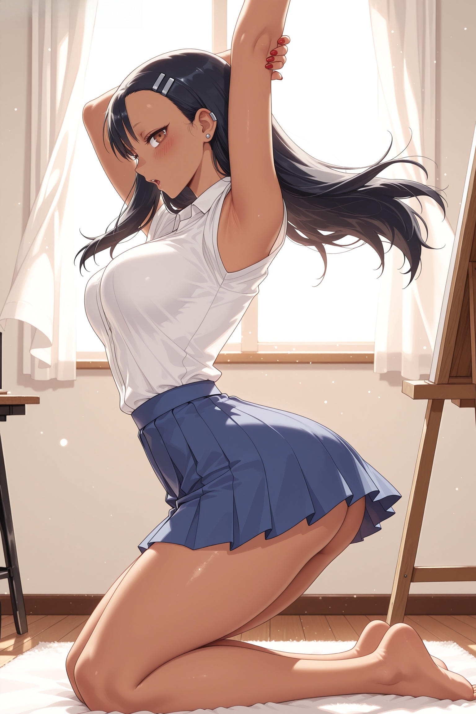 1girls, ai generated, armpits, arms up, ass, backlighting, bangs, barefoot, black hair, blush, breasts, brown eyes, curtains, dark skin, earrings, hair ornament, hairclip, hayase nagatoro, hi res, high quality, high resolution, jewelry, kiraamane, kneeling, large breasts, long hair, looking at viewer, nail polish, patreon, please don't bully me, nagatoro, pleated skirt, school uniform, seductive, see-through silhouette, sexy, shirt, skirt, sleeveless, sleeveless shirt, solo, uncensored, white shirt, window