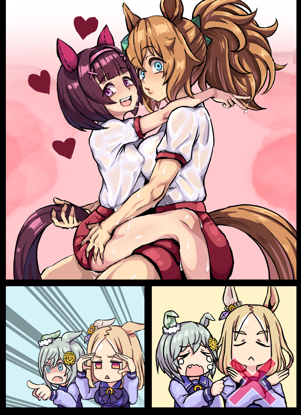 french kiss, high ponytail, horse girl, looking at viewer, multiple girls, narita top road (umamusume), nishino flower (umamusume), seiun sky (umamusume), taiki shuttle (umamusume), umamusume, umamusume pretty derby, wet, wet clothes, yuri