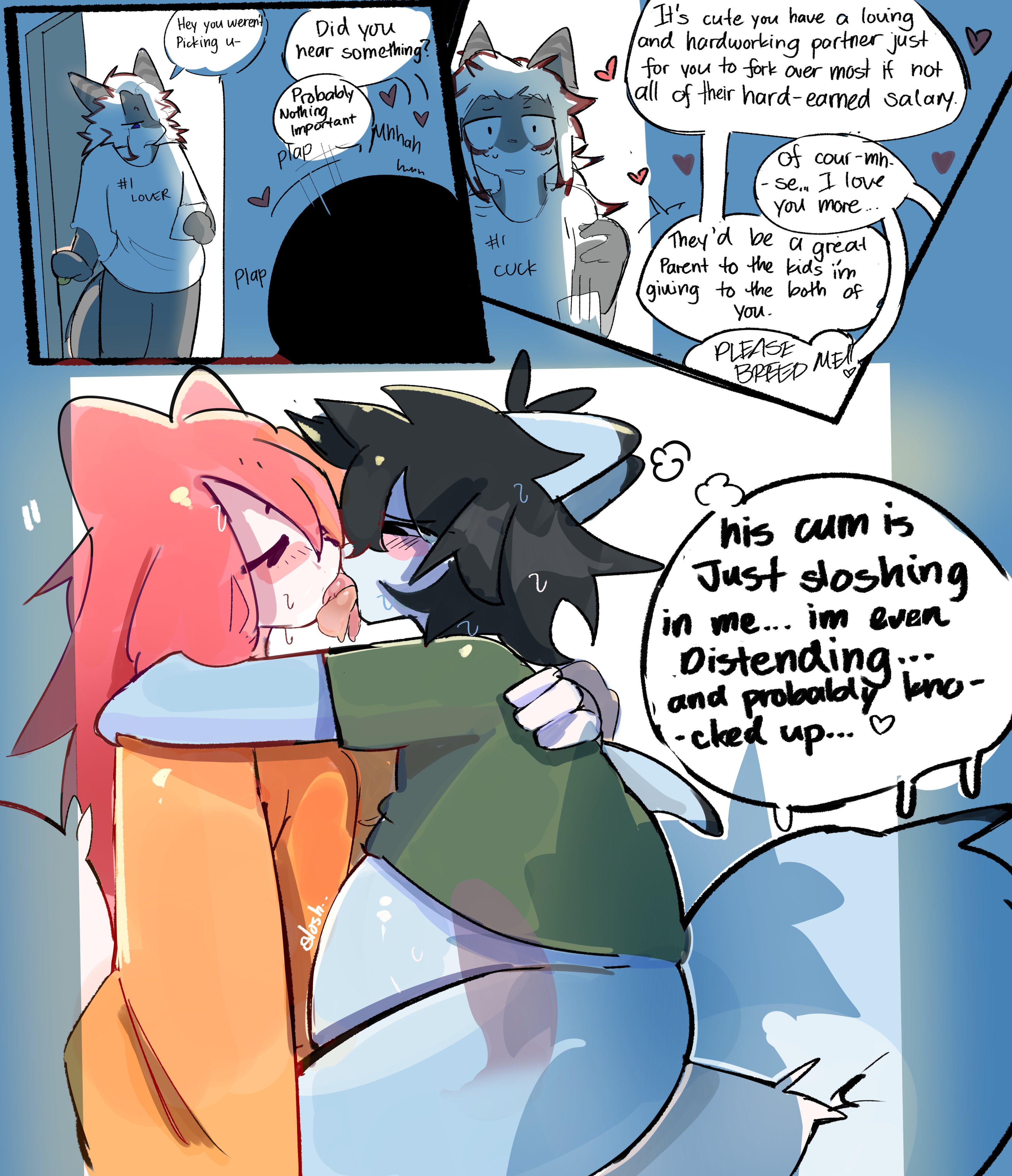 2026, anthro, clothed, clothed sex, clothing, cremeshy (artist), cucked by femboy, cuckold, cuckolding, cumflated belly, cumflation, duo, english text, female, furry, furry female, furry male, kissing, male, mizu (sleepyzoroark), sex, shark (sh 4rk), tagme, text, tongue, tongue kiss