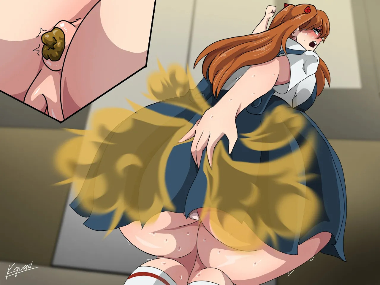 about to defecate, about to poop, about to shit, asuka langley sohryu, bent over, crowning feces, desperate, desperation, evangelion, fart, farting, feces, hand on ass, hand on butt, hand on skirt, needs bathroom, neon genesis evangelion, panties visible under skirt, poop desperation, pussy peek, scat, scat desperation, turtleheading