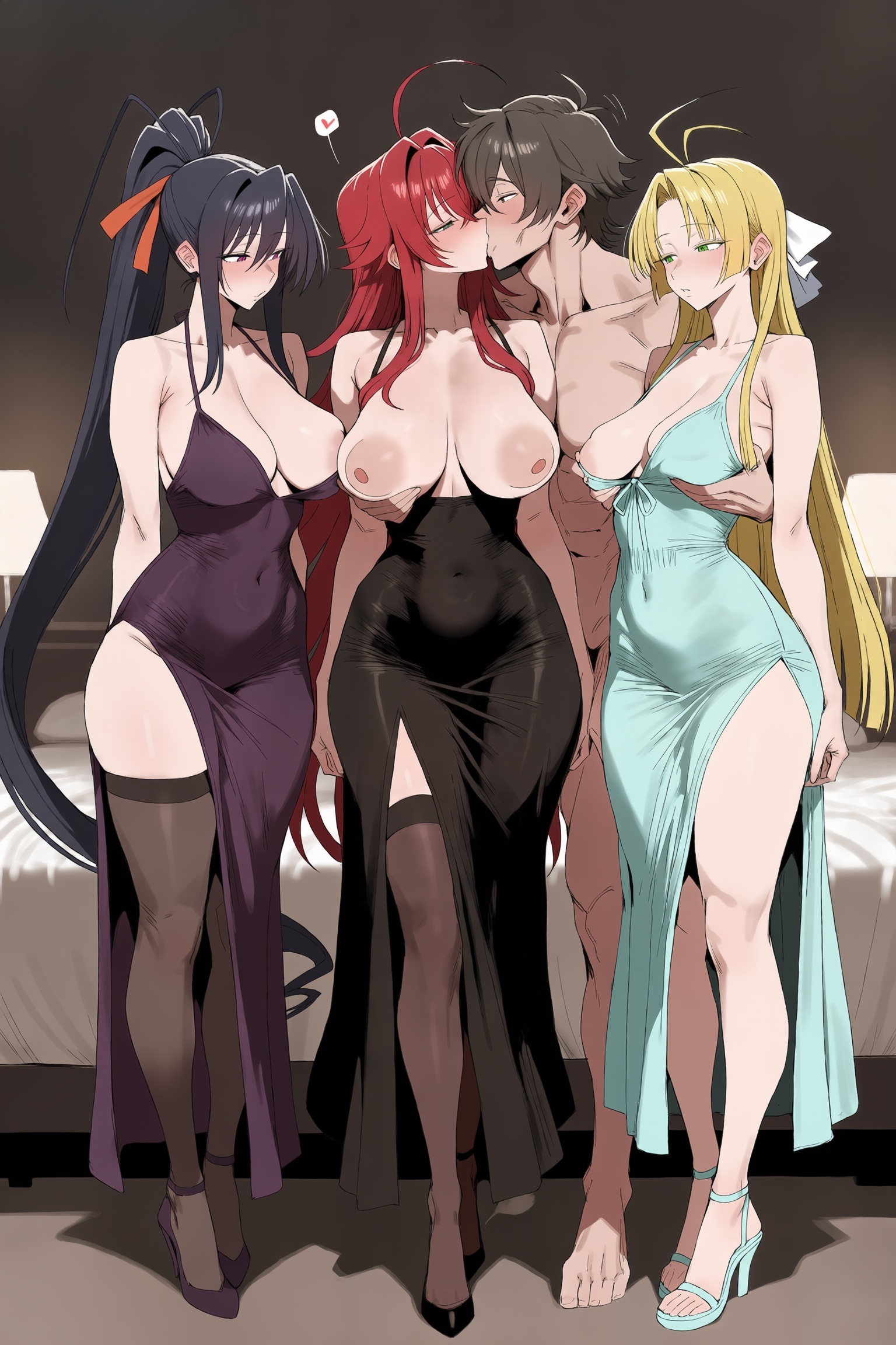 3girls, ahoge, ai generated, akeno himejima, asia argento, asymmetrical docking, bare shoulders, black hair, black legwear, blonde hair, blush, breast press, breastless clothes, breasts, breasts out, cleavage, closed eyes, collarbone, covered nipples, dress, girl sandwich, green eyes, hair ribbon, hi res, high heels, high quality, high resolution, high school dxd, kiss, large breasts, long hair, male, multiple girls, nipples, patreon, ponytail, red hair, rias gremory, seductive, sexy, standing, thighhighs, topless dress, topless female, uncensored, very long hair