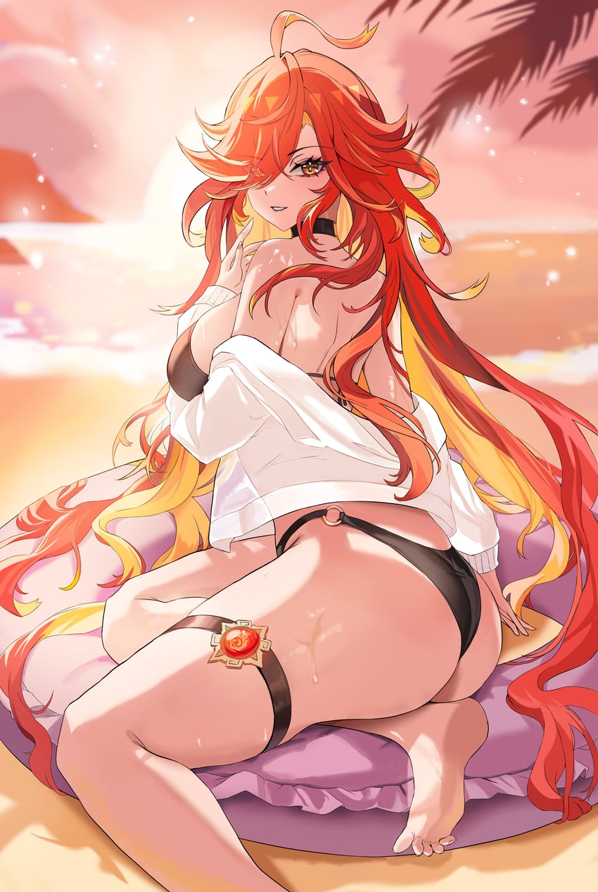 1girl, absurdres, ahoge, ass, barefoot, bikini, black bikini, blonde hair, breasts, commentary request, dated commentary, foot out of frame, genshin impact, hair over one eye, highres, jacket, large breasts, looking at viewer, mavuika (genshin impact), median furrow, multicolored hair, o-ring, o-ring bikini bottom, off shoulder, orange eyes, orange hair, outdoors, parted lips, red hair, see-through clothes, see-through jacket, sevenninet47503, smile, solo, sunset, swimsuit, tagme, thigh strap, vision (genshin impact), white jacket