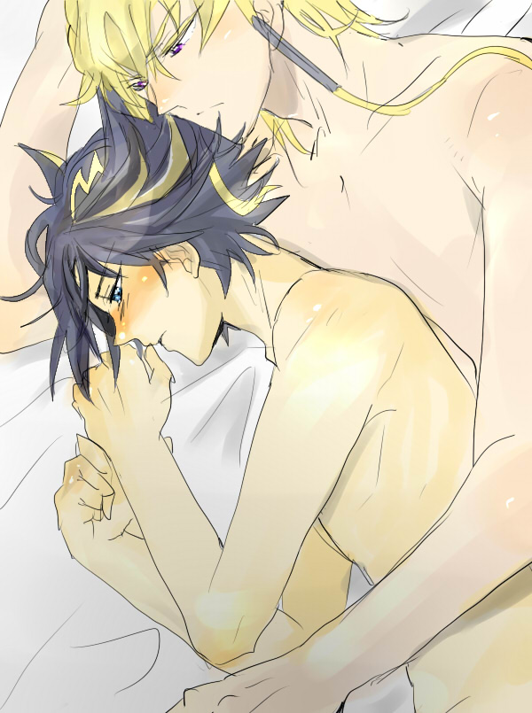 2boys artist_request bed blush couple highres hug hug_from_behind human jack_atlas lying male male_only multiple_males nude on_bed on_side romantic upper_body yaoi yu-gi-oh! yu-gi-oh!_5d's yusei_fudo