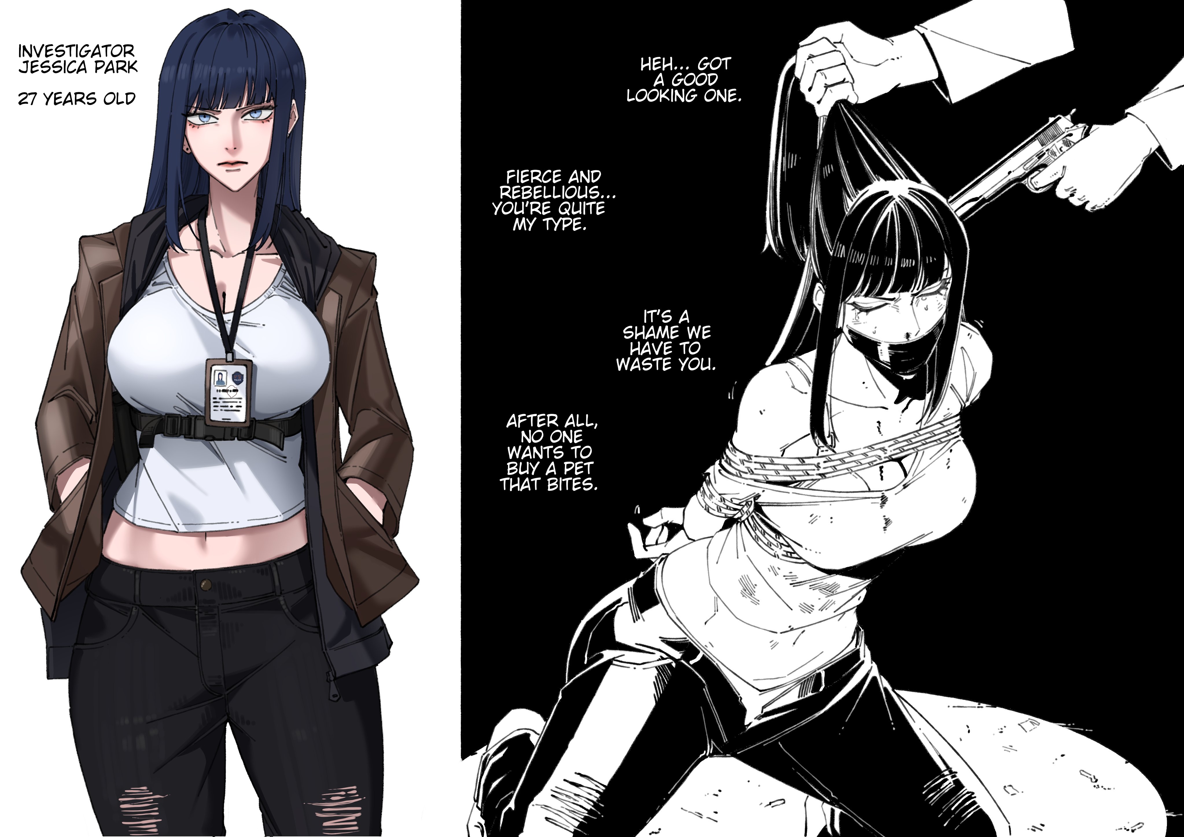 arms behind back, blue hair, bondage, breasts, crying, detective, eyes closed, gag, gagged, gagged female, gun, gun to head, harris hero, holding object, imminent death, imminent rape, investigator, kidnapped, kidnapped girl, kidnapping, nosebleed, oc, original, original character, pulling hair, restrained, ripped clothing, rope, rope between breasts, rope bondage, tape, tape gag, taped mouth, tied up