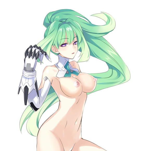 accurate_art_style arm_up breasts cpu_(neptunia) edit elbow_gloves female_only gauntlets gloves goddess green_hair green_heart kreschun light-skinned_female long_hair looking_at_viewer neptunia_(series) nipples nude_edit nude_filter ponytail practically_nude purple_eyes tagme vert