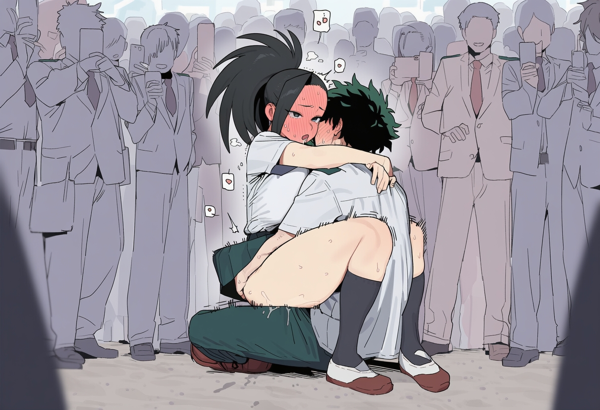 1boy, 1girls, ahe gao, ai generated, ass, big ass, big breasts, black eyes, black hair, blush, breasts, female, green hair, groping, izuku midoriya, lotus position, male, momo yaoyorozu, my hero academia, noname882, ponytail, public, school uniform, sex, sitting on lap, sitting on person, thick thighs, thighs, train