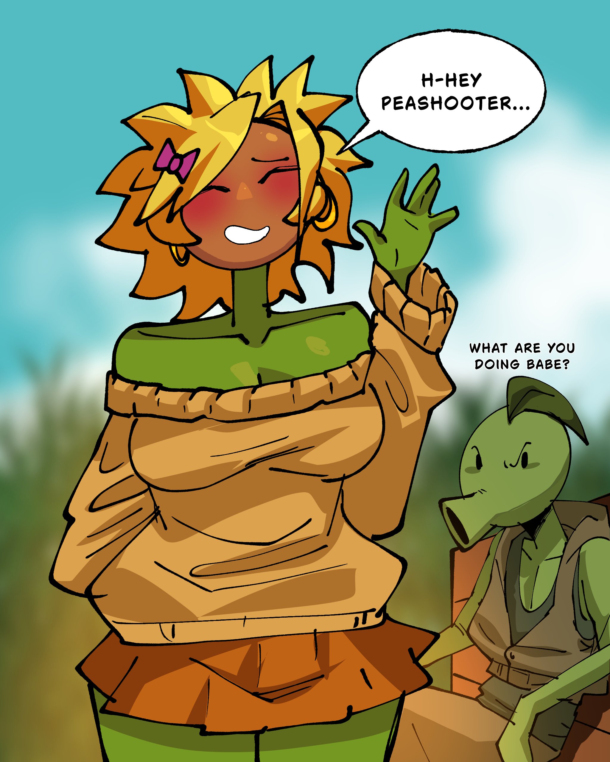 1boy, 1girls, ass, big ass, big breasts, big thighs, blush, breasts, cheating, cheating female, cheating girlfriend, clothed, clothing, dejovanna, dialogue, female, gigantic ass, gigantic thighs, huge ass, huge thighs, male, netorare, ntr, peashooter (pvz), petals, plant, plant girl, plantie, plants vs zombies, plants vs. zombies, popcap games, sunflower, sunflower (pvz), text, thick thighs, thighs, tongue out
