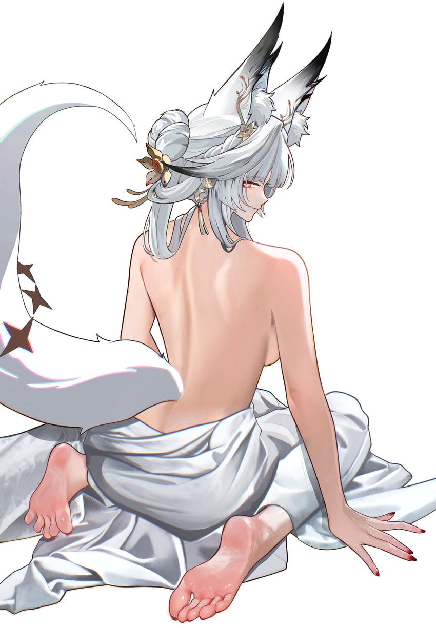 1girl, absurdres, animal ear fluff, animal ears, ankle, ass, back, barefoot, breasts, closed mouth, commentary, feet, fingernails, fox ears, fox girl, fox tail, from behind, hair ornament, highres, hsin (wuthering waves), large breasts, long hair, looking at viewer, looking back, median furrow, orange eyes, red nails, sideways glance, simple background, smile, soles, solo, tagme, tagme (artist), tail, toes, turning head, white background, white hair, wuthering waves