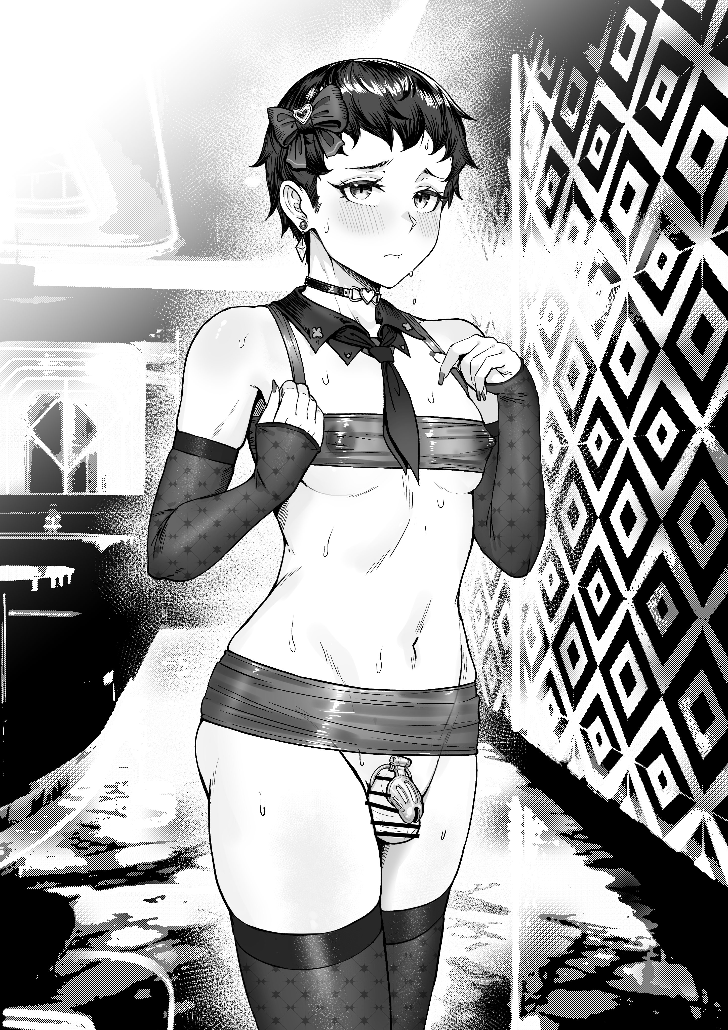 1boy, 2025, 2d, arm sleeves, censored, chastity cage, choker, chouzetsu ero don, club, earrings, femboy, fingerless gloves, jewelry, monochrome, navel, necktie, nipples, painted nails, see-through clothing, short hair, sissy, skindentation, solo, standing, tagme, testicles, thighhighs