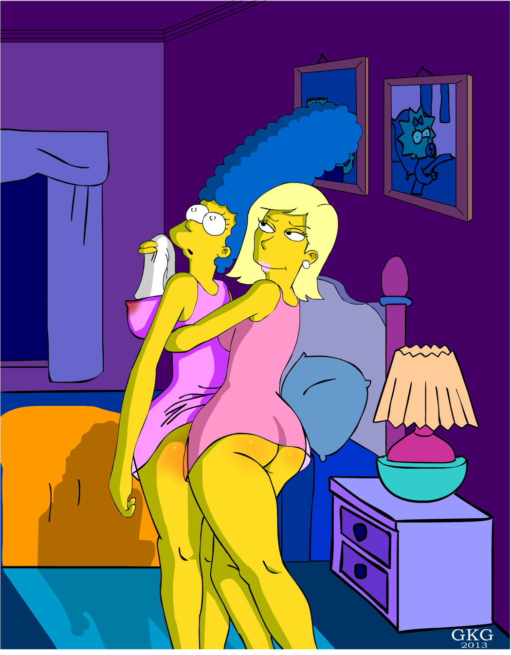 ass back_view becky_(the_simpsons) clothes color female female_only gkg human indoors marge_simpson multiple_females multiple_girls night tagme the_simpsons yuri