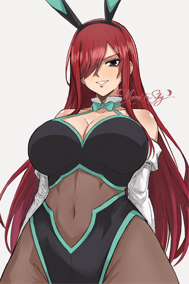 1girls, animal ears, artist name, artist request, bare shoulders, big breasts, breasts, brown eyes, bunny ears, bunnysuit, cleavage, collarbone, commentary, erza scarlet, fairy tail, fake animal ears, grin, hair over one eye, highres, large breasts, long hair, looking at viewer, navel, playboy bunny, red hair, red-haired female, sidelocks, simple background, smile, solo, underboob, watermark