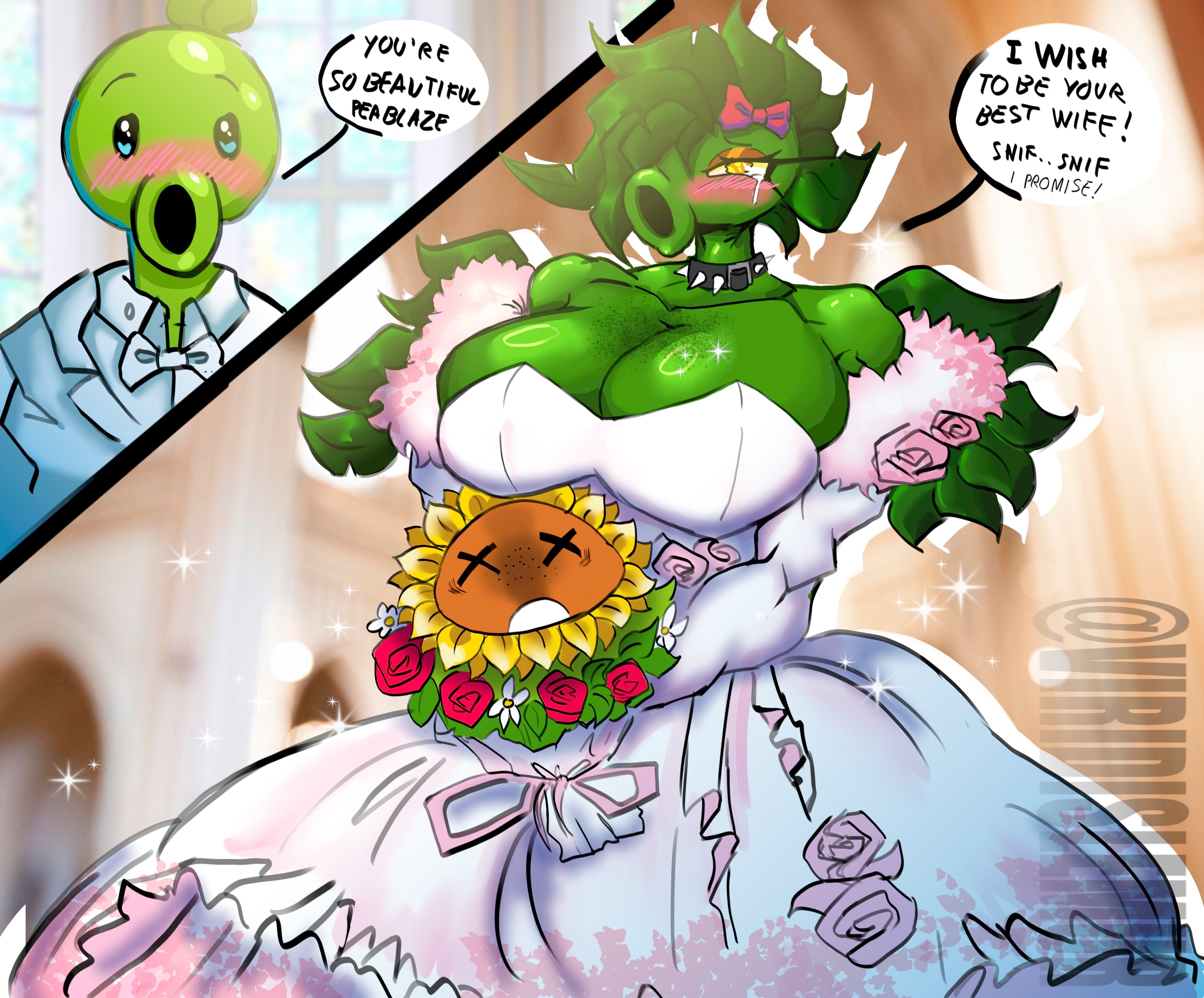 1boy, 1girls, 2026, anthro, anthro character, artist request, ass, ass focus, big ass, big breasts, big thighs, breasts, breasts bigger than head, clothed, clothing, electronic arts, female, flora fauna, freckles, gigantic ass, gigantic breasts, gigantic thighs, huge ass, huge breasts, huge thighs, hyper, male, marriage, married, peablaze (leafpaw), peashooter (pvz), plant, plant girl, plant humanoid, plantie, plants vs zombies, plants vs. zombies, plump ass, popcap, popcap games, pvz, round ass, size difference, smaller male, sunflower (pvz), tall female, taller female, text, thick thighs, thighs, video game, video game character, wedding, wedding dress, wedding veil, wholesome