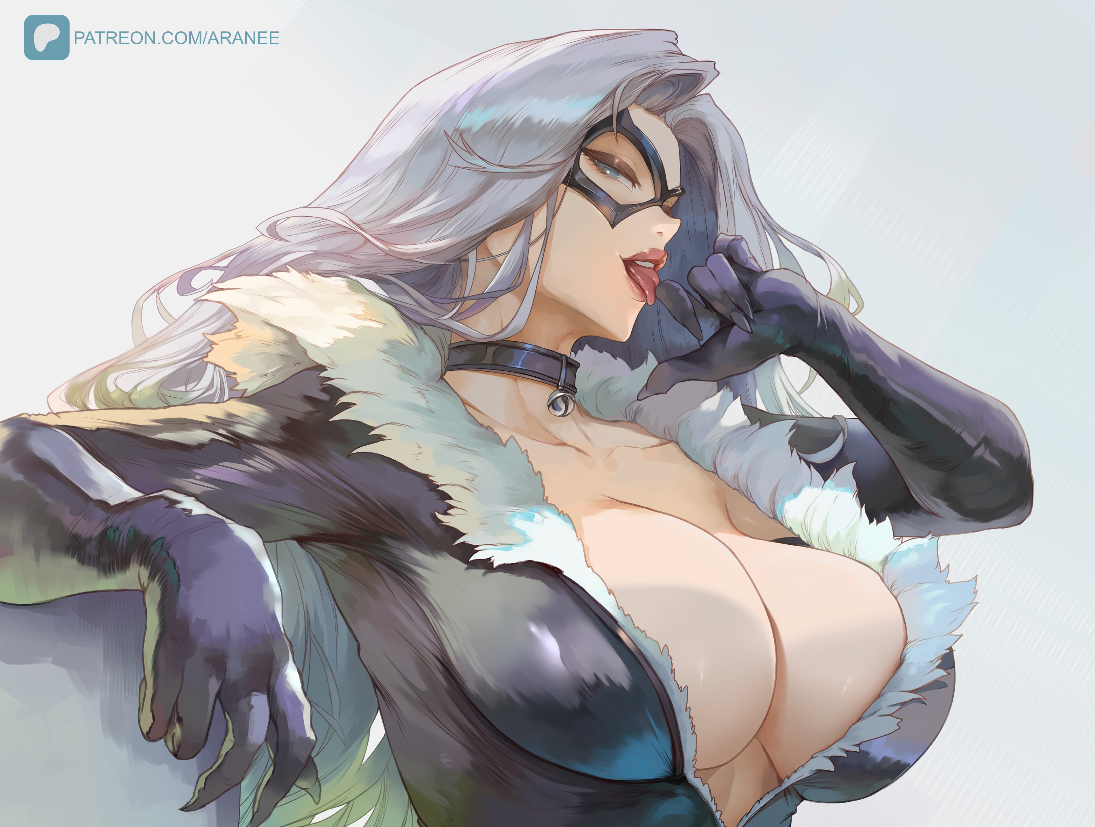1girls, 2026, alluring, araneesama, big breasts, black cat (marvel), blue eyes, bodysuit, breasts, bursting breasts, choker, cleavage, collar, curvaceous, curvaceous body, curvaceous female, curvaceous figure, curvy, curvy body, curvy female, curvy figure, domino mask, enticing, eyemask, felicia hardy, female, high resolution, highres, huge breasts, large breasts, light skin, light-skinned female, looking at viewer, marvel, marvel comics, mask, masked, masked female, massive breasts, red lipstick, seducing, seductive, seductive look, seductive pose, skin tight, spider-man (series), superheroine, teasing, teasing viewer, temptation, tempting, tempting viewer, thick breasts, tight clothes, tight clothing, tongue, tongue out, voluptuous, voluptuous female, white fur, white hair