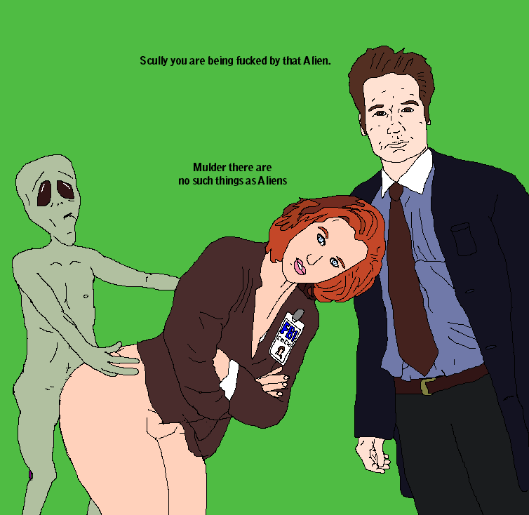 1girls 2boys alien alien/human ambiguous_penetration american_mythology bottomless bottomless_female classic_alien dana_scully english english_text female fox_mulder from_behind green_background grey_alien human humor interspecies male male/female mythology no_shading north_american_mythology pantless public_domain roswell_grey sex straight urban_legend x-files