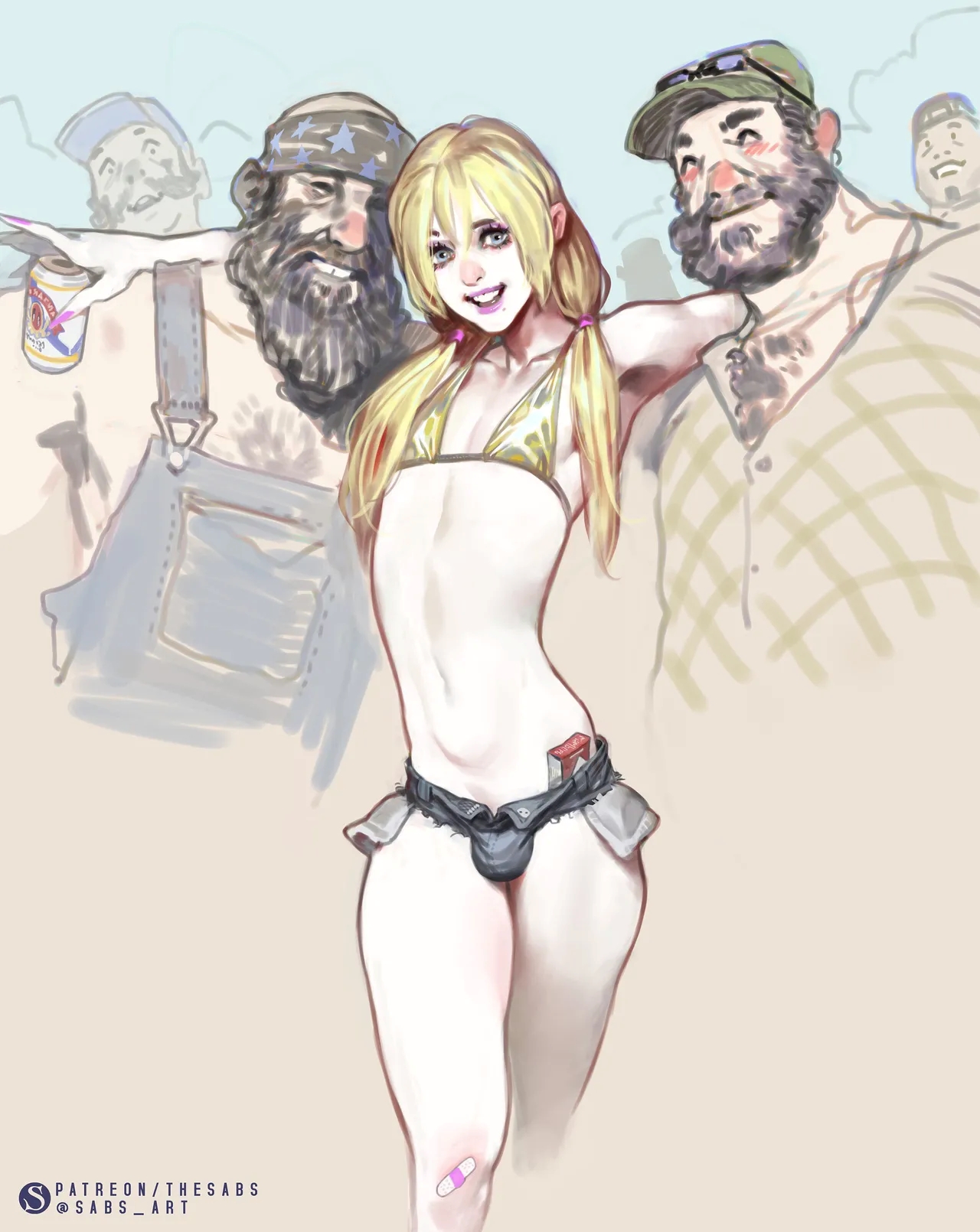 beer, blonde femboy, blue eyes, bra, cigarette pack, crossed legs, femboy, hotpants, makeup, redneck, sabudenego, slim figure, trap