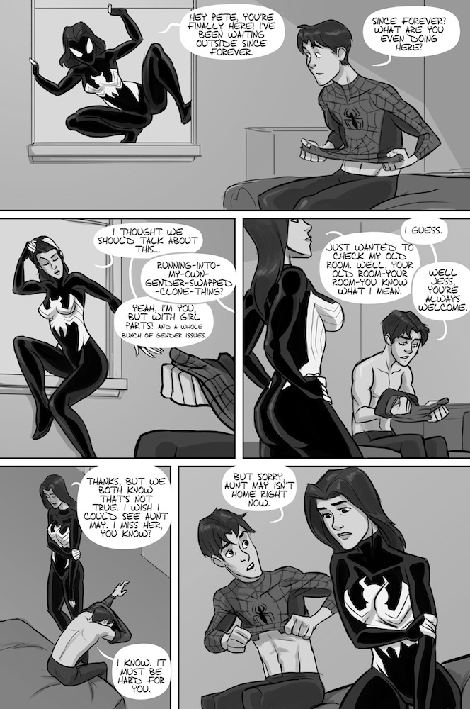 1boy 1boy1girl 1girls bed bedroom black_and_white clonecest comic female jessica_drew male marvel marvel_comics peter_parker selfcest spider-man spider-man_(series) spider-woman stickymon straight_hair tracyscops ultimate_spider-man ultimate_spider-woman undressing