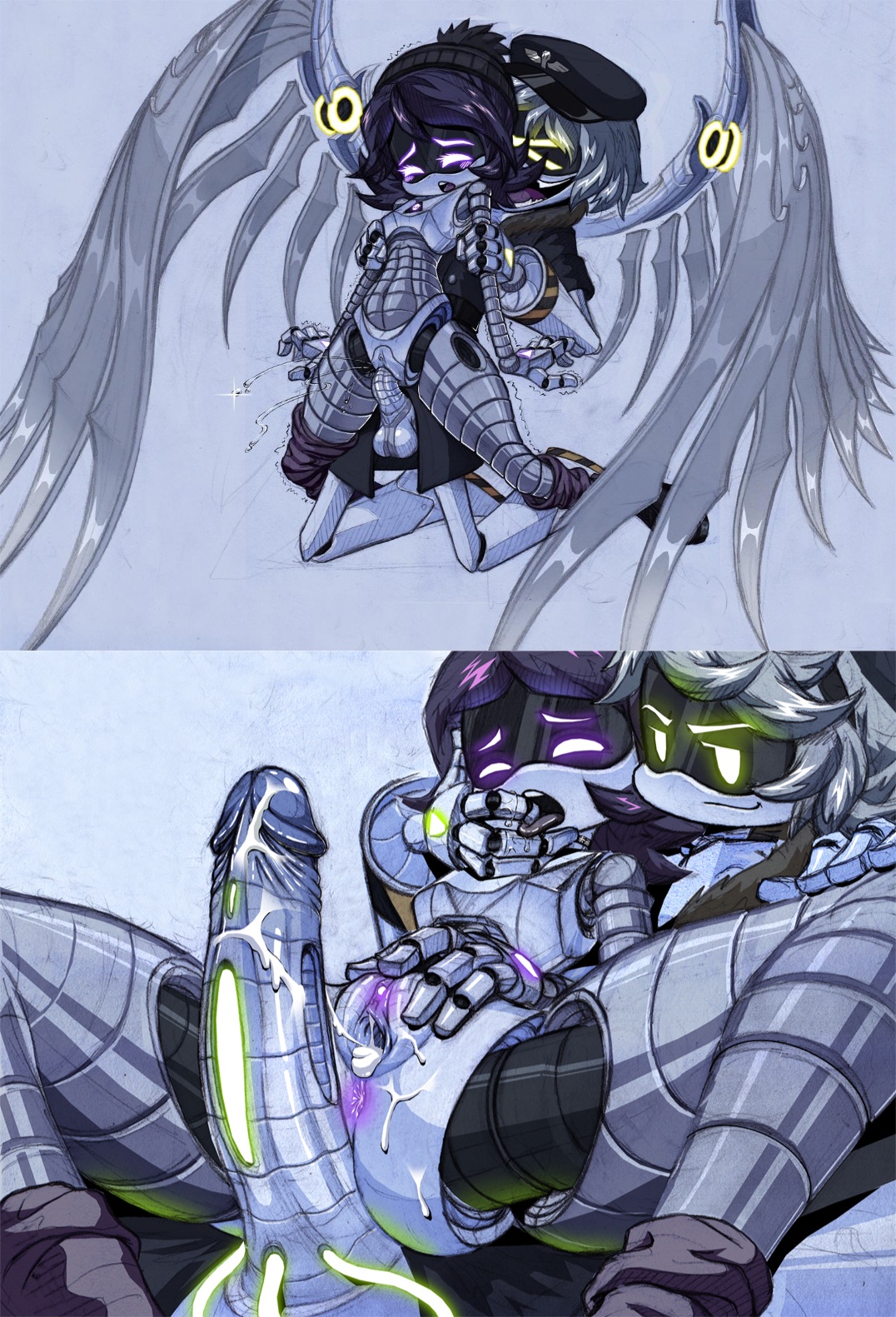 1boy, 1girls, 2d, after sex, after vaginal, big penis, cum, cum in pussy, cum inside, disassembly drone, erect penis, erection, female, fembot, finger in mouth, glitch productions, glowing genitalia, glowing penis, glowing pussy, humanoid, humanoid female, humanoid male, led light, lewdanon, looking pleasured, male, male/female, murder drones, n (murder drones), naked female, penis, pussy, robot, robot boy, robot girl, robot humanoid, robot joints, robot penis, saliva, screen face, sex, sexbot, spread legs, spread pussy, uzi (murder drones), vagina, vaginal penetration, worker drone