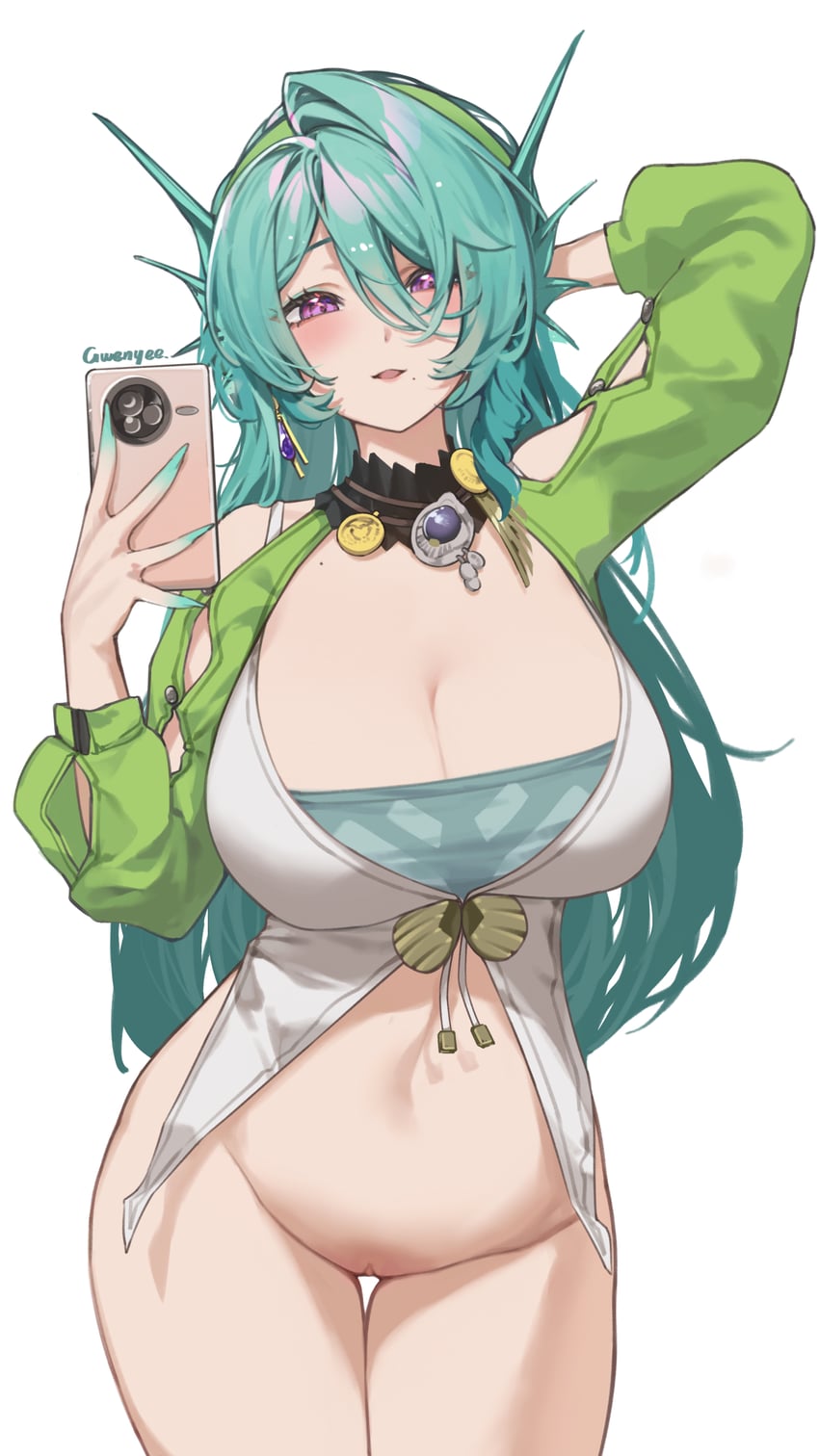 1girl, absurdres, already uploaded, alternate version available, angels of delusion, arms up, artist name, blush, bottomless, breasts, cecilia (zenless zone zero), cellphone, chinese commentary, cleavage, collarbone, commentary, curvy, duplicate, fins, green hair, green hairband, green shrug, gwenyee, hairband, head fins, highres, holding, holding phone, large breasts, long hair, looking at viewer, mature female, mole, mole on shoulder, mole under mouth, multiple moles, nail polish, navel, npc (zenless zone zero), open mouth, phone, purple eyes, seahorse girl, selfie, shiny skin, shrug (clothing), simple background, single hair intake, smartphone, smile, solo, standing, stomach, tagme, thick thighs, thighs, very long hair, white background, zenless zone zero