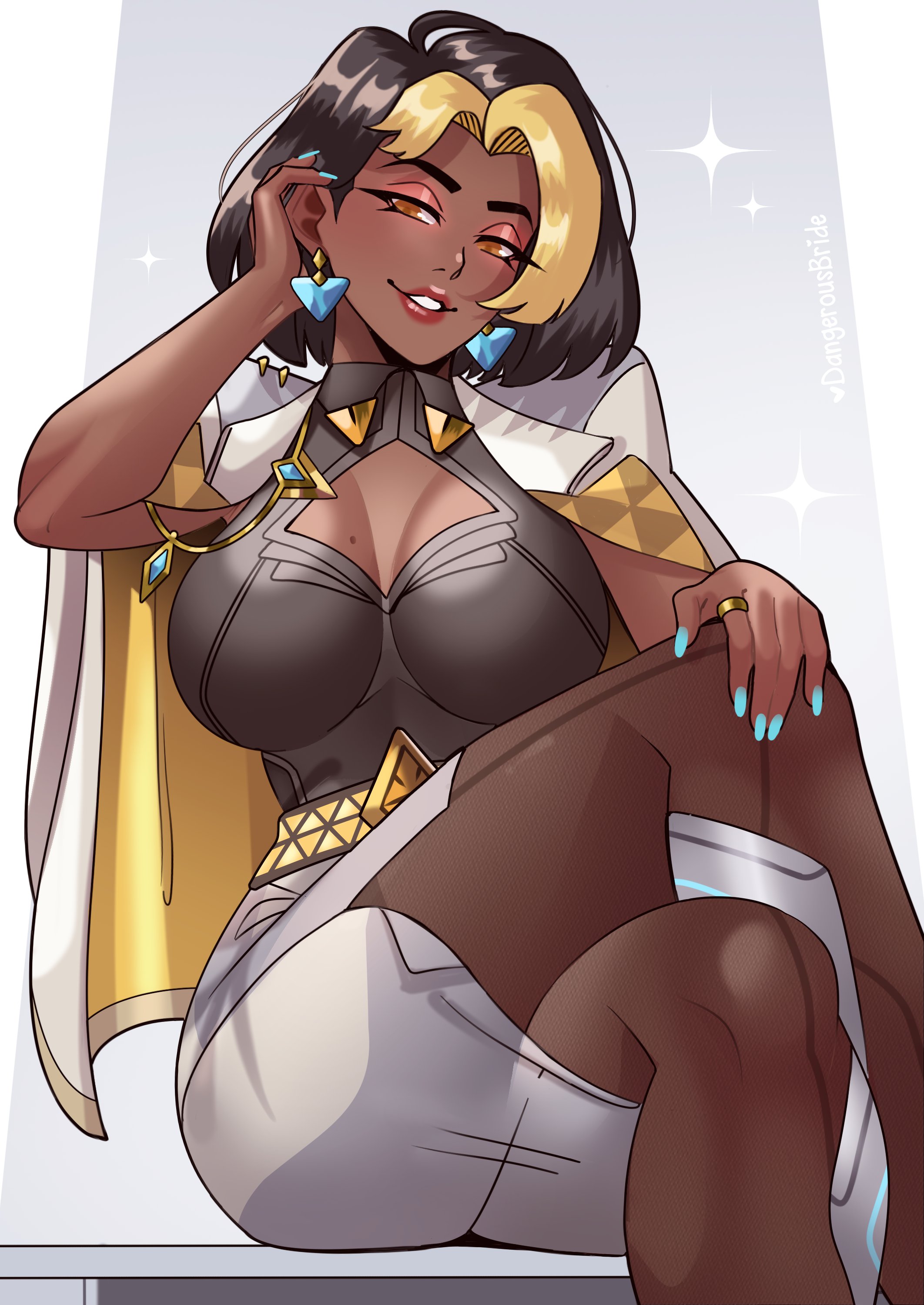 1girls, adjusting hair, black hair, blonde hair, blue nail polish, breasts, brown eyes, clothing, crossed legs, dangerousbride, dark skin, dark-skinned female, domina, earrings, elegant, eyelashes, female, female only, lipstick, looking at viewer, makeup, narrowed eyes, overwatch, overwatch 2, pantyhose, red lipstick, sitting, smiling, smiling at viewer, solo, two-tone hair, very high resolution