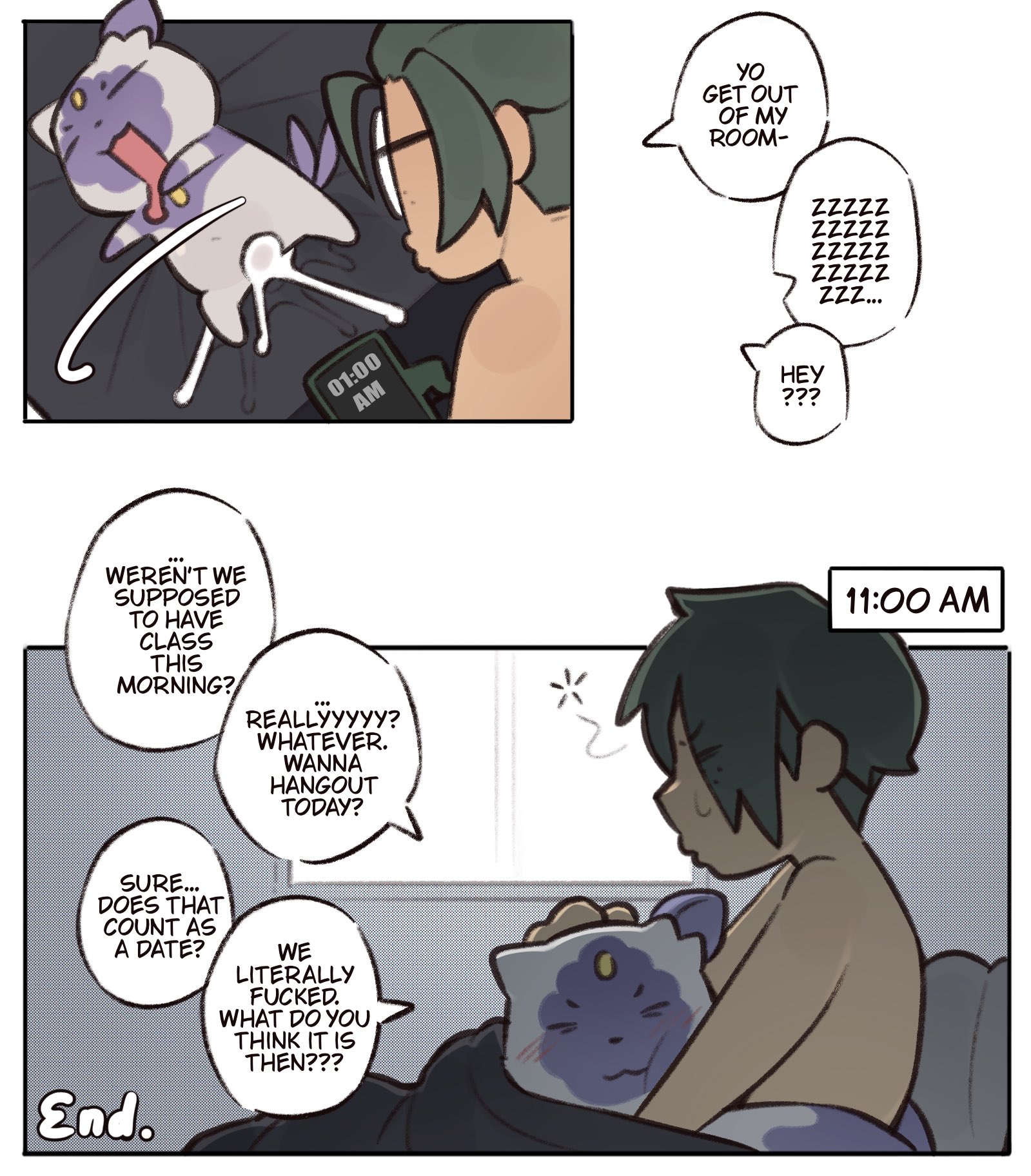 1boy, 1girls, anthro, biped, blush, bodily fluids, clothed, clothing, comic, cum, cum inside, detailed background, dialogue, duo, electronics, end page, english text, eyebrows, eyes closed, female, female anthro, fur, generation 8 pokemon, genital fluids, hair, hi res, hisuian form, hisuian sneasel, hug, human, interspecies, male, mammal, nintendo, nude, nude human, nude male, open mouth, phone, pokemon, pokemon (species), pokephilia, profanity, regional form (pokemon), speech bubble, svkhaiminh, sweat, text, topless