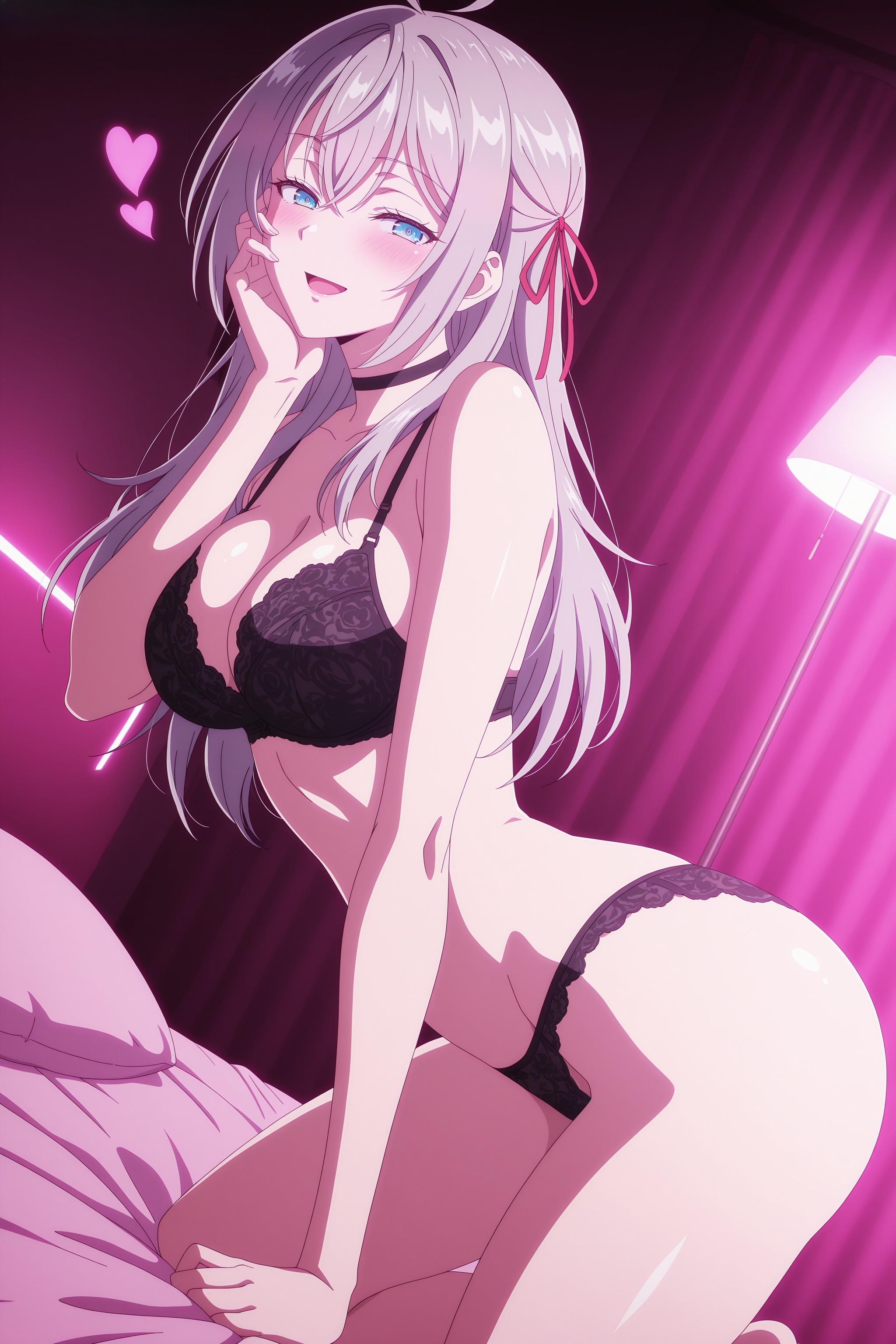 :d, 1girl, ahoge, ai generated, alisa mikhailovna kujou, arm support, bare shoulders, bed, bed sheet, bedroom, black bra, black choker, black panties, blue eyes, blush, bra, breasts, choker, cleavage, collarbone, curtains, digitalwaifugallery, grey hair, hair between eyes, hair ribbon, hand on own cheek, hand on own face, heart, hi res, high quality, high resolution, indoors, kneeling, lace, lace trim, lace-trimmed bra, lace-trimmed panties, lamp, large breasts, lingerie, long hair, looking at viewer, mole, mole under mouth, on bed, open mouth, panties, patreon, pillow, red ribbon, ribbon, seductive, sexy, smile, solo, thighs, tokidoki bosotto russian de dereru tonari no alya-san, uncensored, underwear, underwear only