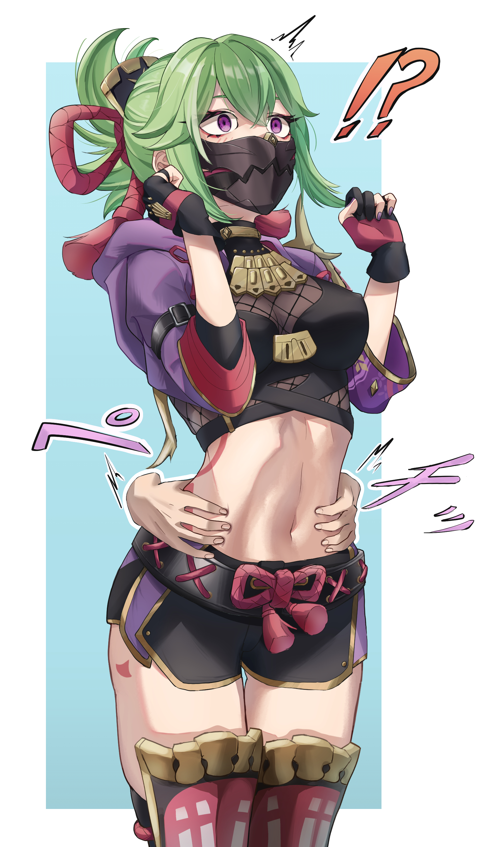 !?, 1girl, 1other, breasts, genshin impact, green hair, kuki shinobu, midriff, mouth mask, ninja girl, purple eyes, tickling