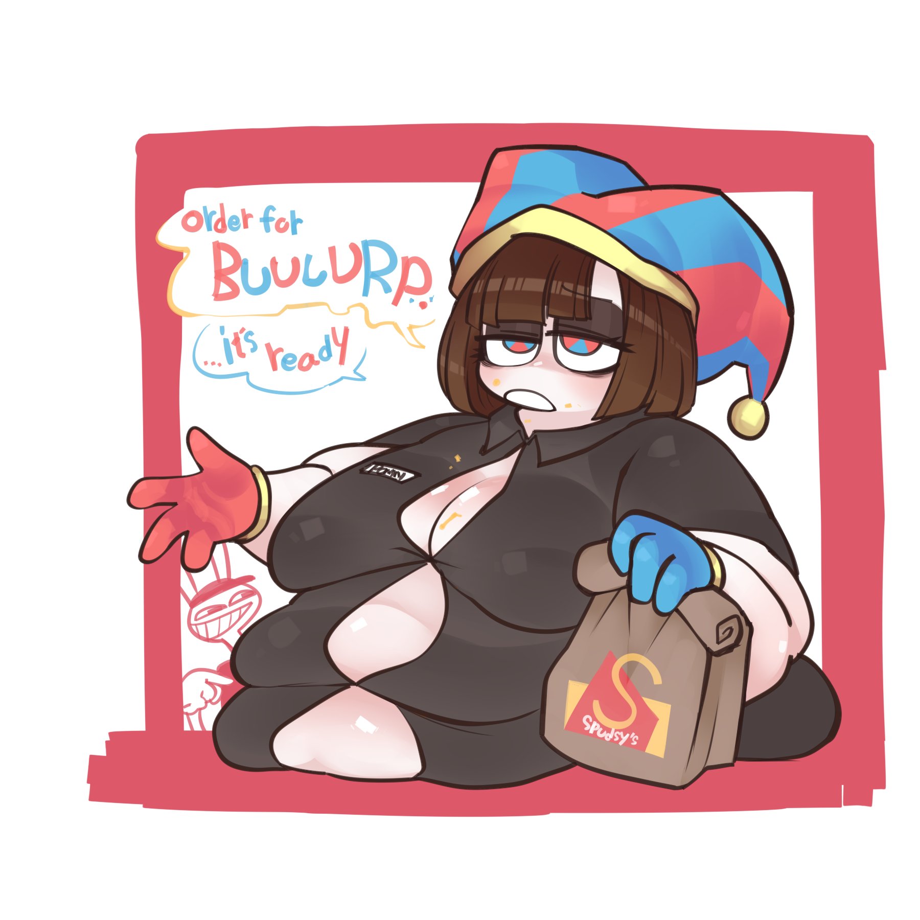 1girls, belly, breasts, brown hair, burp, burping, cleavage, debyjull, english text, fast food, fast food employee, fast food uniform, fat, female, female focus, female only, glitch productions, gloves, jax (the amazing digital circus), jester cap, jester hat, large breasts, name tag, obese, obese female, overweight, overweight female, pomni (spudsys), pomni (the amazing digital circus), spudsy's, text, the amazing digital circus, wardrobe malfunction, weight gain