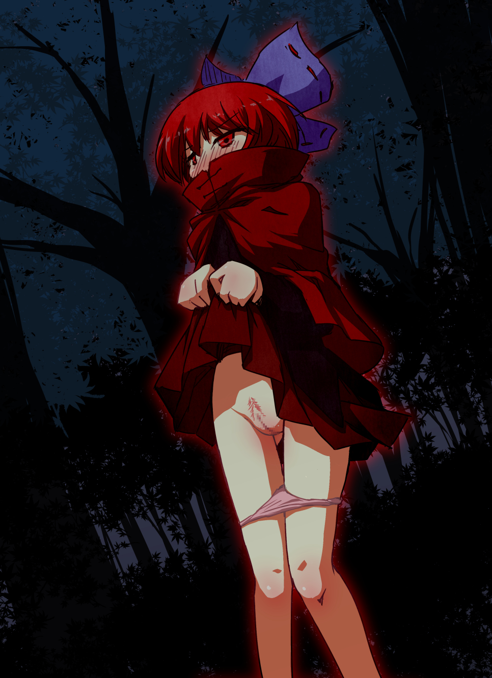 blush bow cape covered_mouth dress dress_lift exhibitionism female forest futatsuki_hisame hairbow highres long_sleeves nature night nukekubi outdoors panties panty_pull pubic_hair public_nudity pussy red_eyes red_hair sekibanki short_hair solo touhou underwear