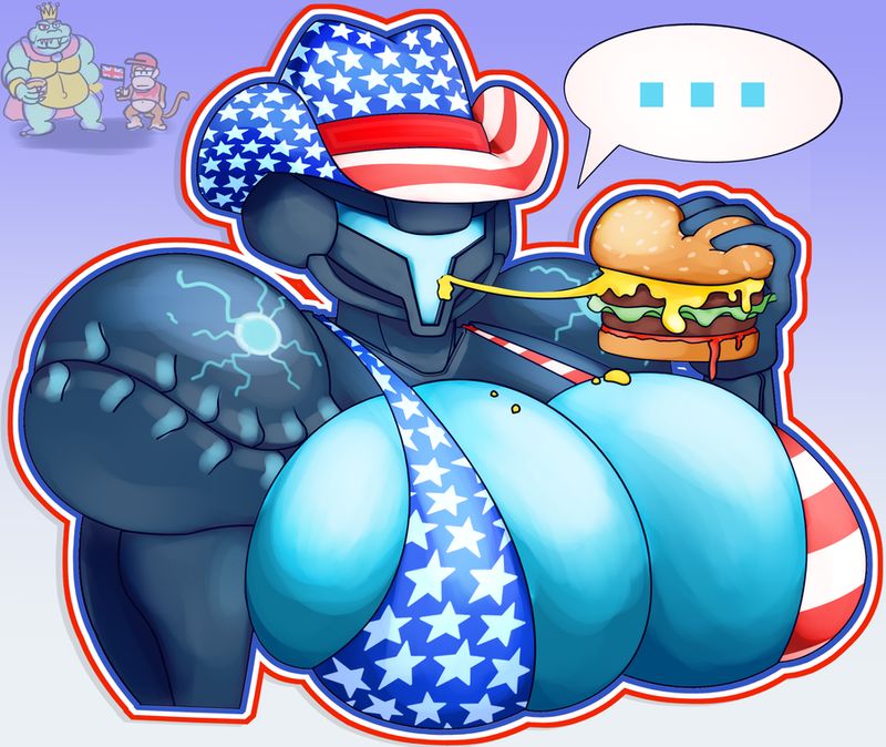 1girls 2boys alien american_flag american_flag_bikini american_flag_hat armor big_breasts breasts cheeseburger cleavage crossover dark_samus deviantart diddy_kong donkey_kong_(series) female food huge_breasts johkytoky k_rool massive_breasts metroid nintendo super_smash_bros.