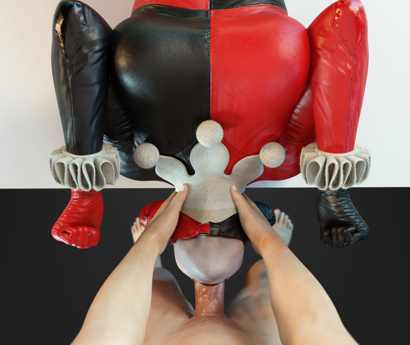 1boy, 1girls, 3d, 3d (artwork), abs, athletic, athletic female, batman (series), big breasts, blender (software), blowjob, bodysuit, breasts, completely naked, completely nude, dc, dc comics, deepthroat, face fucking, fellatio, female, female focus, giver pov, harley quinn, harley quinn (classic), harley quinn (injustice), injustice 2, light skin, light-skinned male, male, male pov, naked, naked male, nude, nude male, oral, penis, pov, red lipstick, smitty34, straight, supine blowjob, sword swallowing position, tagme, throat bulge, throat fuck, throat grab, throat swabbing, unseen male face, upside down fellatio, upside-down