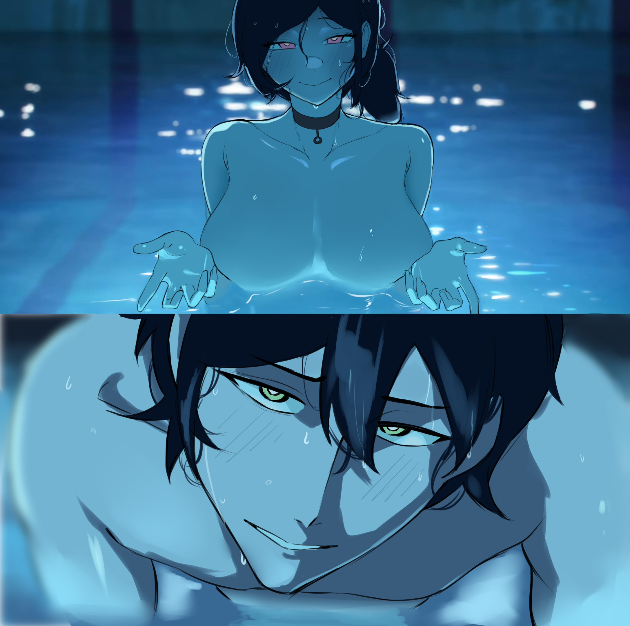 1boy, 1girls, andrew graves, ashley graves, bathing, big breasts, black hair, blush, breasts, brother and sister, choker, color, female, female focus, green eyes, i'll teach you everything (chainsaw man), incest, iruka iruka71, light skin, male, meme, mixed bathing, nude, pink eyes, pool, reze in the pool (meme), siblings, straight, swimming, swimming pool, the coffin of andy and leyley, twitter link, water