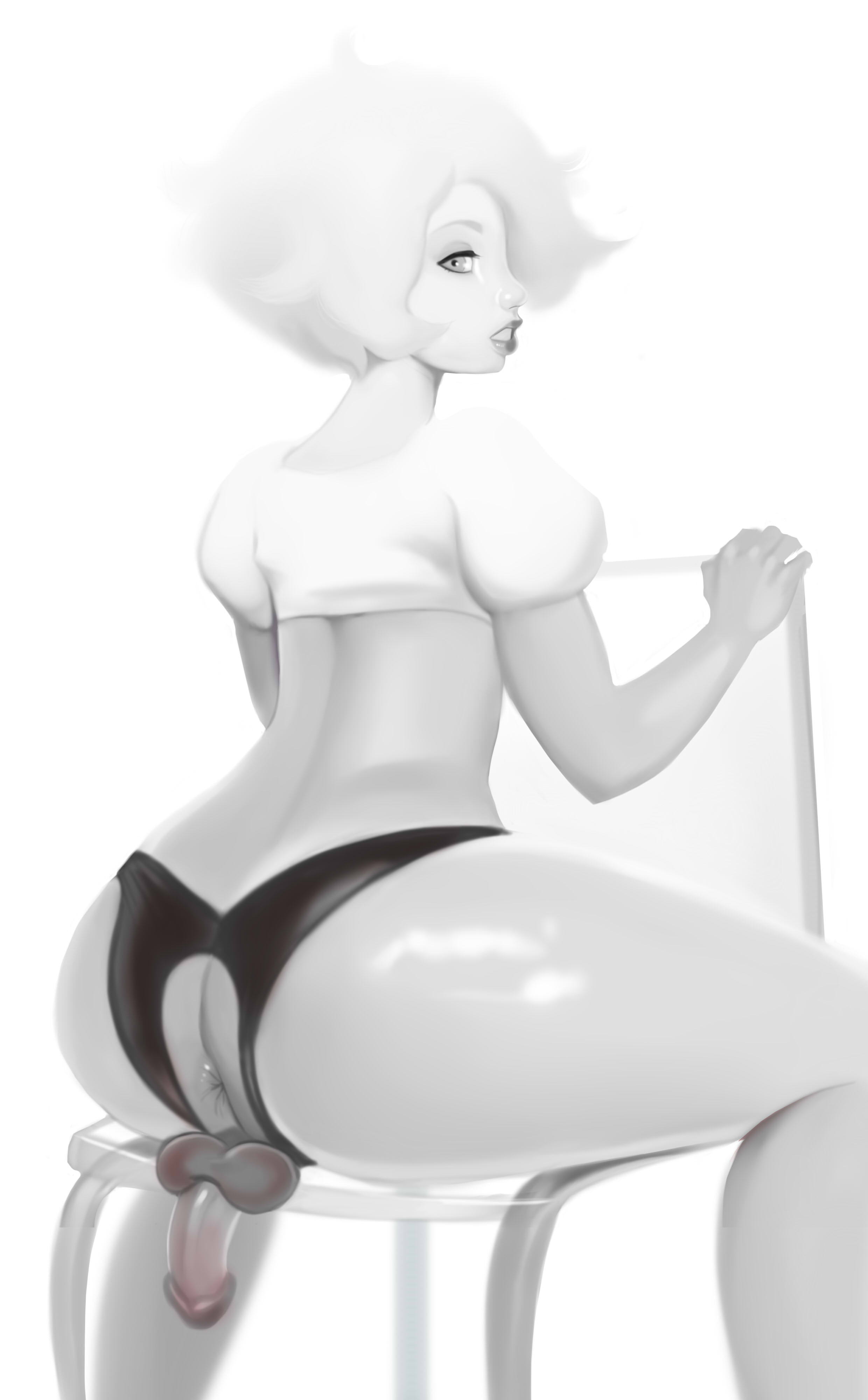 1futa, absurdres, anus, ass, balls, cartoon network, diamond authority, dickgirl, erection, female, futa only, futanari, gem (species), highres, hourglass figure, intersex, lipstick, looking at viewer, looking back, milf, monochrome, panties, penis, pink diamond (steven universe), solo, solo futa, steven universe, testicles, voidnosferatu