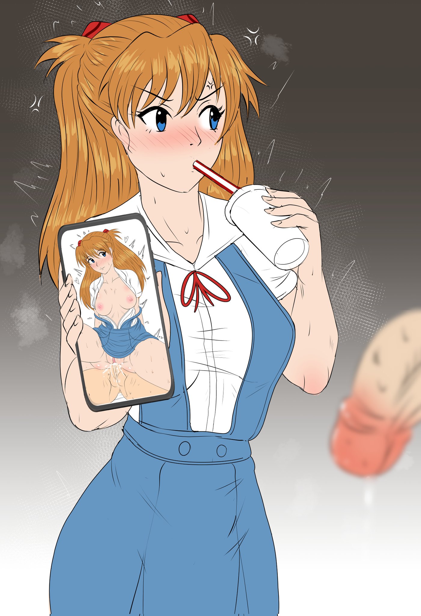 1boy, 1girls, asuka langley sohryu, breasts, cellphone, female, fuzzlogik, light-skinned female, male, neon genesis evangelion, nipples, orange hair, penis, photo comparison, school uniform, sex, straight, vaginal penetration