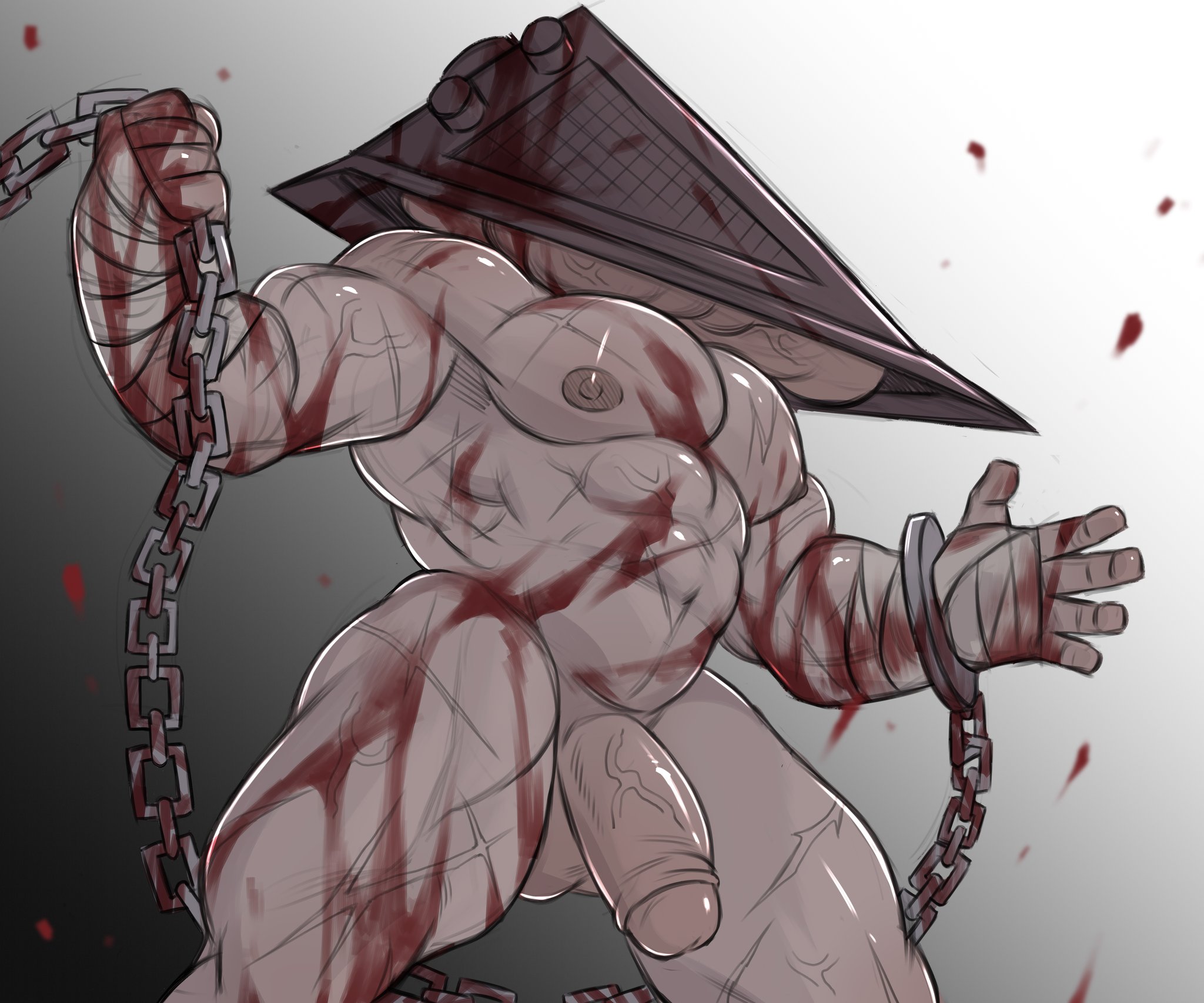 bandage, bandaged arm, bandages, bara, blood, blood splatter, chains, gay, gay male, male, male only, muscular, muscular male, naked, naked male, non-human, non-human only, nude, nude male, pyramid head, silent hill, solo, solo male, veiny, veiny muscles, veiny penis, wdp66281167, yaoi