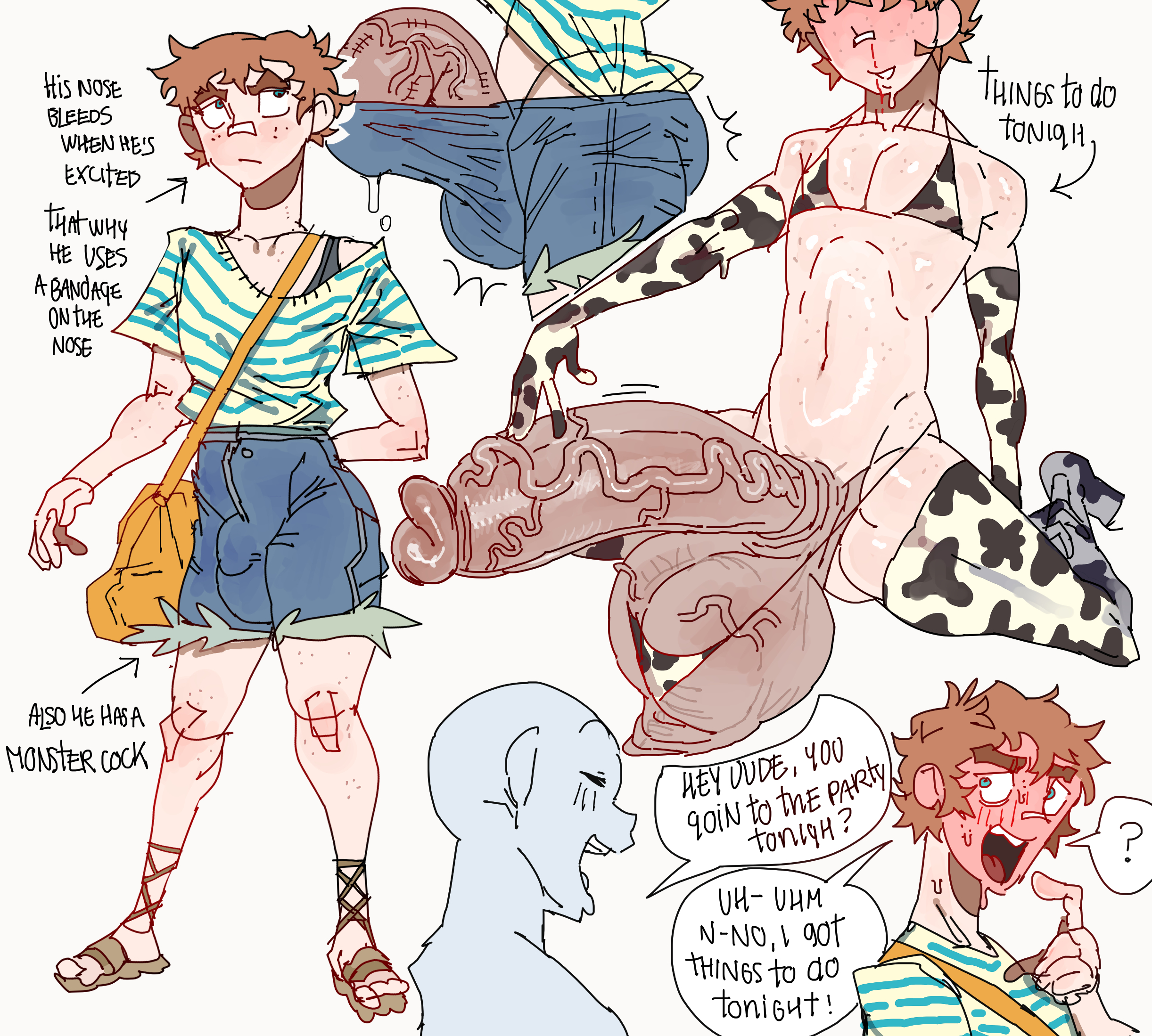 bandage, breadcatta, cow print bikini, cute face, feet, femboy, huge cock, hung trap, hyper balls, hyper genitalia, hyper penis, nosebleed, obscene gesture, obscured genitals, short hair, solo, tagme, twink