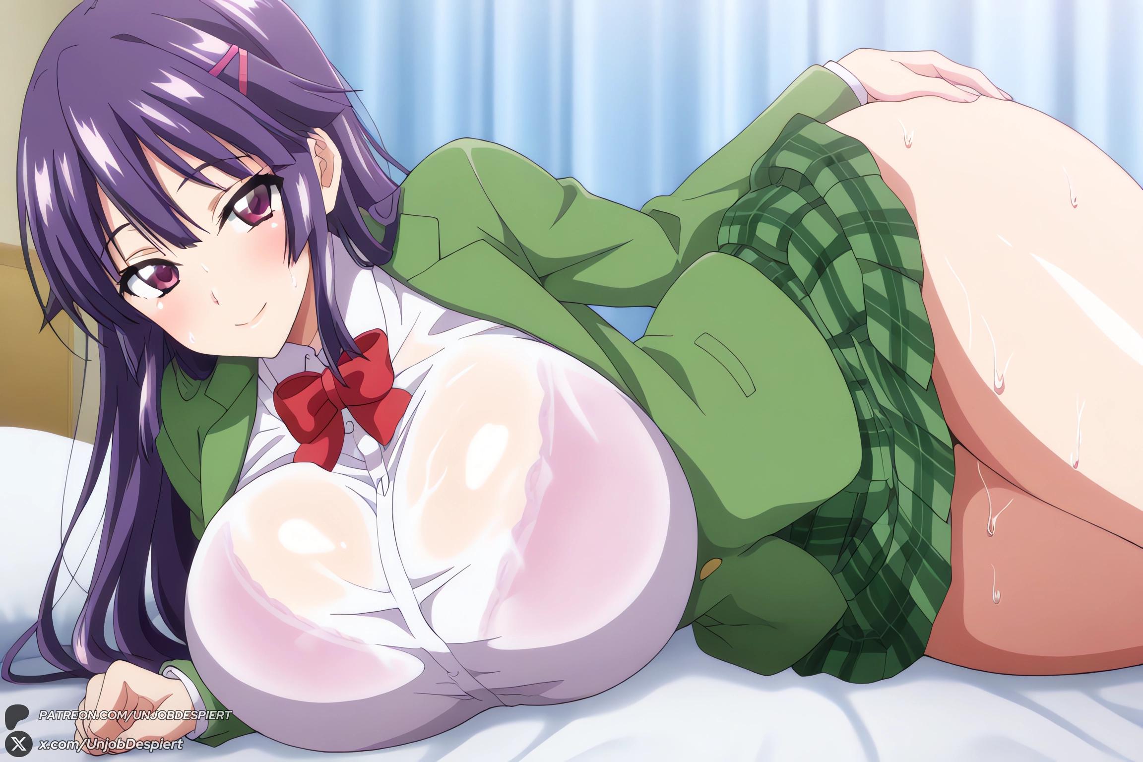 1female, 1girls, 2026, ai generated, artist name, bangs, big ass, big breasts, blazer, blush, bow, bowtie, bra, bra visible through clothes, breasts, chizuru-chan kaihatsu nikki, curvy, female, female only, green skirt, hair ornament, hairclip, hi res, high quality, high resolution, highres, huge ass, huge breasts, jacket, long hair, looking at viewer, lying, on bed, on side, patreon, patreon username, pink bra, plaid, plaid skirt, pleated skirt, purple eyes, purple hair, school uniform, see-through, shiina chizuru, shirt, skirt, smile, solo, sweat, thighs, underwear, unjobdespiert, watermark, wet, wet clothes