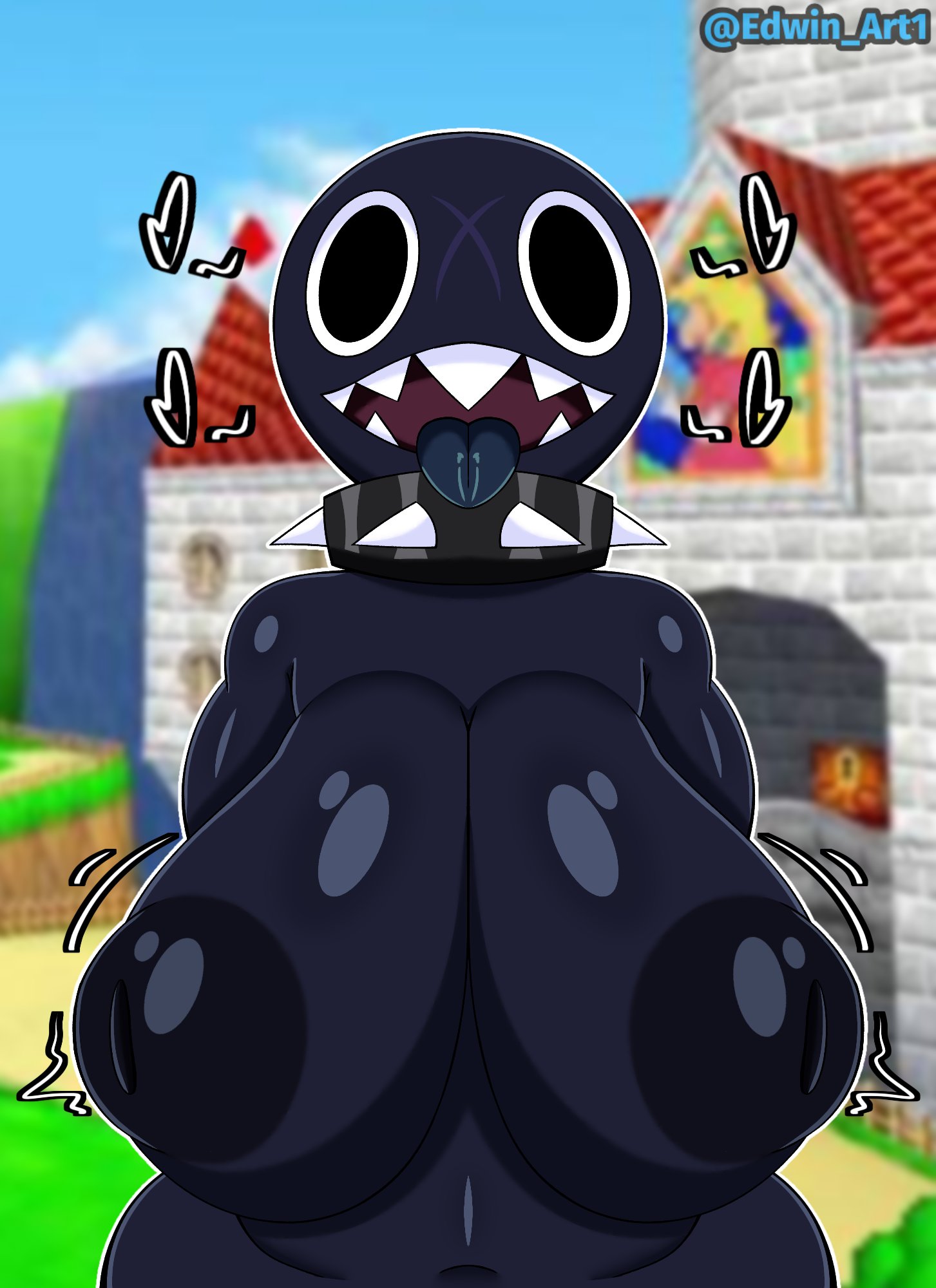 2026, 2d, 2d artwork, big breasts, black nipples, castle, chain chomp, edwin art1, gigi (thecoatl034), hanging breasts, high resolution, highres, inverted nipples, looking at viewer, nintendo, spiked collar, super mario bros., tagme, tongue out