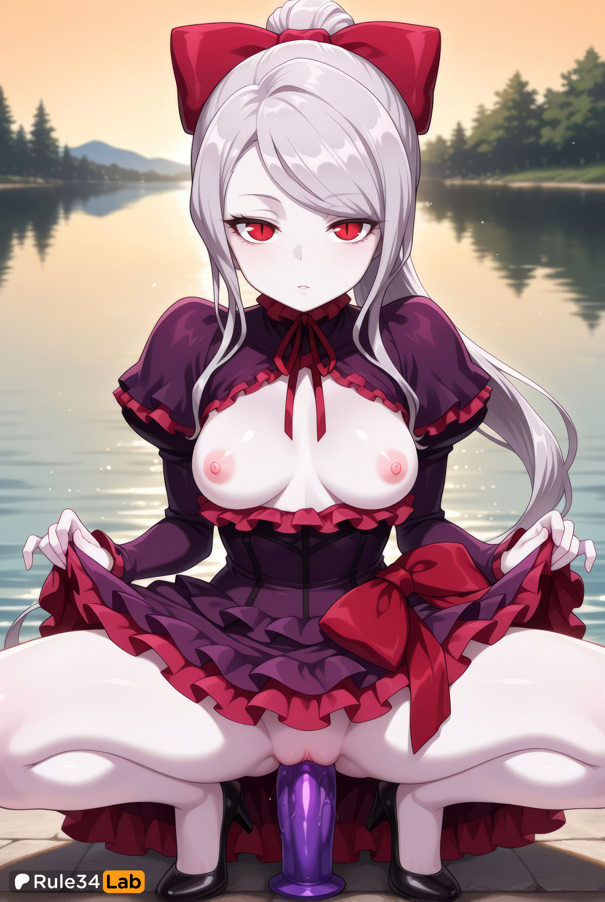 1girls, ai generated, black footwear, bow, breasts, breasts out, clothes lift, colored skin, dildo, dildo in pussy, dildo insertion, dildo riding, dress, dress lift, female, female masturbation, female only, frilled dress, frills, grey hair, hairbow, hi res, high heels, lifted by self, lolita fashion, long hair, long sleeves, looking at viewer, masturbation, medium breasts, nipples, no bra, no panties, object insertion, outdoors, overlord (maruyama), pale skin, ponytail, puffy sleeves, purple dress, pussy, pussy juice, red bow, red eyes, rule34lab, shalltear bloodfallen, solo, spread legs, squatting, swept bangs, uncensored, vaginal insertion, vaginal masturbation, vaginal object insertion, vaginal penetration, vampire, water, white skin