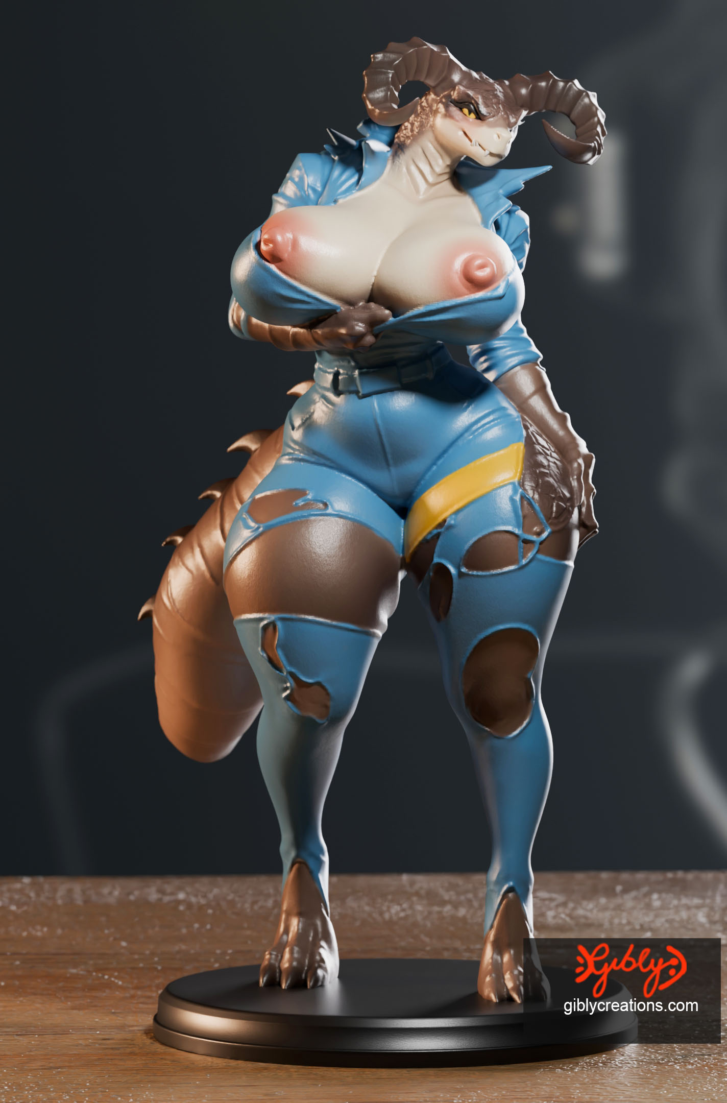 3d, 3d (artwork), 3d model, 3d render, anthro, ass, ass up, bedroom eyes, bethesda softworks, big balls, big butt, black eyes, blush, bottomwear, bottomwear down, brown body, butt focus, claws, clothed, clothing, curvy figure, deathclaw, detailed, detailed background, digital media (artwork), eyelashes, fallout, fallout (series), feet, female, female deathclaw, female focus, female only, figure, figure (medium), figurine, furry, furry female, furry only, gibly, glistening, glistening body, glistening genitalia, half-closed eyes, hi res, horn, huge ass, huge butt, humanoid, inside, interspecies, inviting, inviting to sex, legs together, legwear, lips, lipstick, looking at viewer, looking back, looking back at viewer, low-angle view, lying, lying on ground, lying on side, makeup, mature female, milf, monster, monster girl, multicolored body, narrowed eyes, nude, nude female, on side, orange eyes, pants, pants down, partially clothed, portrait, presenting, raised tail, realistic, rear view, scalie, seductive, smile, solo, spread anus, spread butt, spreading, stable diffusion, tail, tan body, tan pussy, tan skin, teasing, teeth, thick tail, thick thighs, three-quarter portrait, torn bottomwear, torn clothing, torn pants, two tone body, vault suit, video games, voluptuous, wide hips, yellow eyes