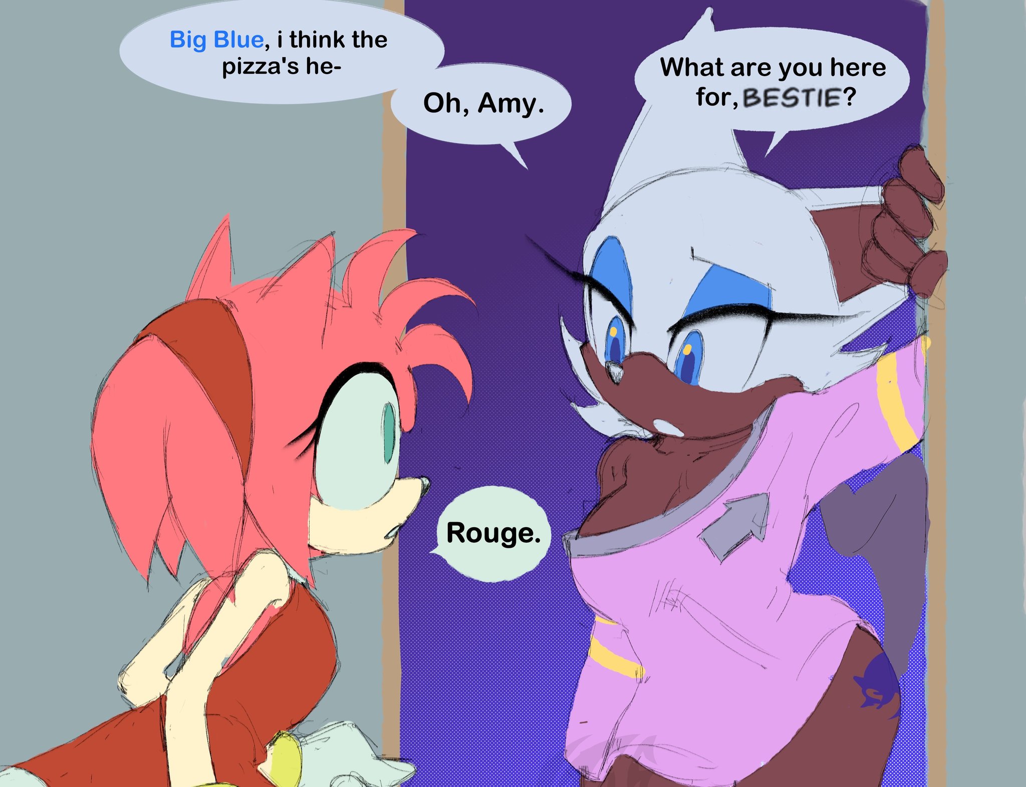 amy rose, artist request, bat, bat ears, big breasts, blue eyes, cheating, cleavage, clothes lift, cuck, cucked by friend, cuckold, cuckquean, dark skin, expecting, furry, green eyes, hedgehog, hedgehog girl, implied cheating, implied cuckolding, implied netorare, implied ntr, light skin, makeup, messy clothing, netorare, ntr, opening door, pink fur, rouge the bat, sonic (series), sonic the hedgehog (series), suprised, suprised look, tattoo, tattoo on butt, tattoo on thigh, thick thighs, thighhighs, thighs, white fur