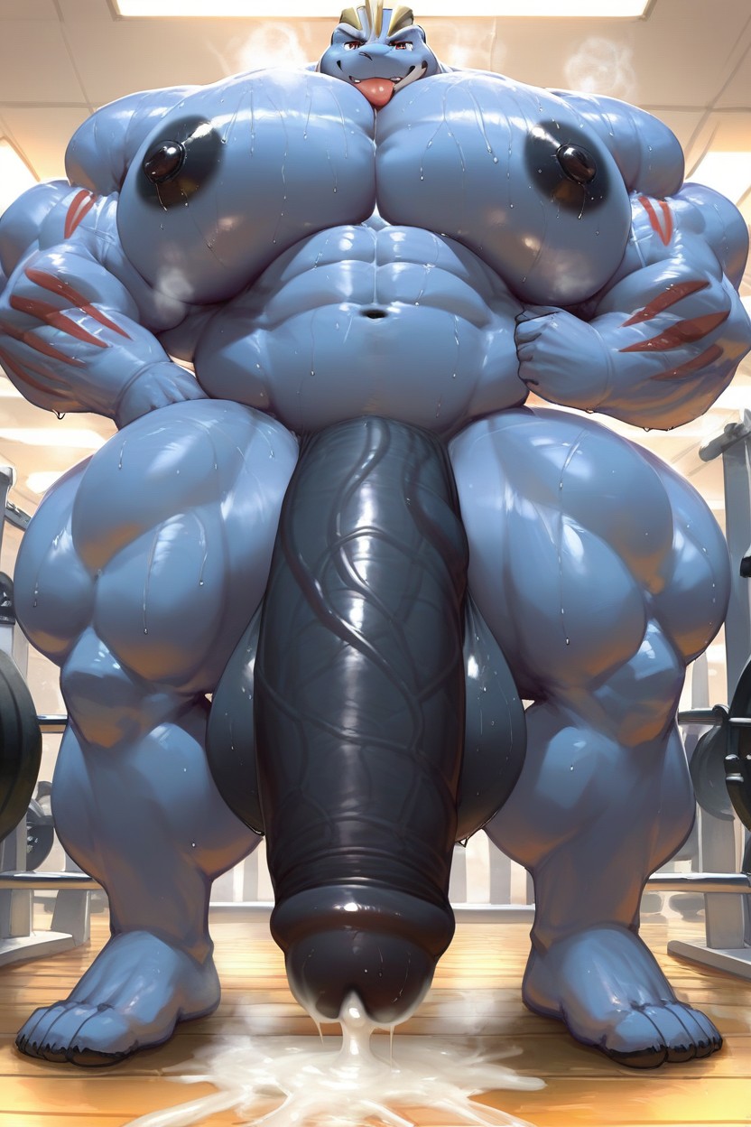 1boy, ai generated, balls, big glans, big pecs, big penis, big thighs, bodybuilder, furry, furry only, furrypornaddiction, glans, gym, huge balls, huge cock, huge pecs, hyper, hyper balls, hyper muscles, hyper pecs, hyper penis, looking at viewer, machoke, male, male only, musclegut, muscular, muscular arms, muscular male, muscular thighs, musk, musky, navel, nipples, pecs, penis, pokemon, pokemon (species), solo, solo femboy, solo male, tongue out