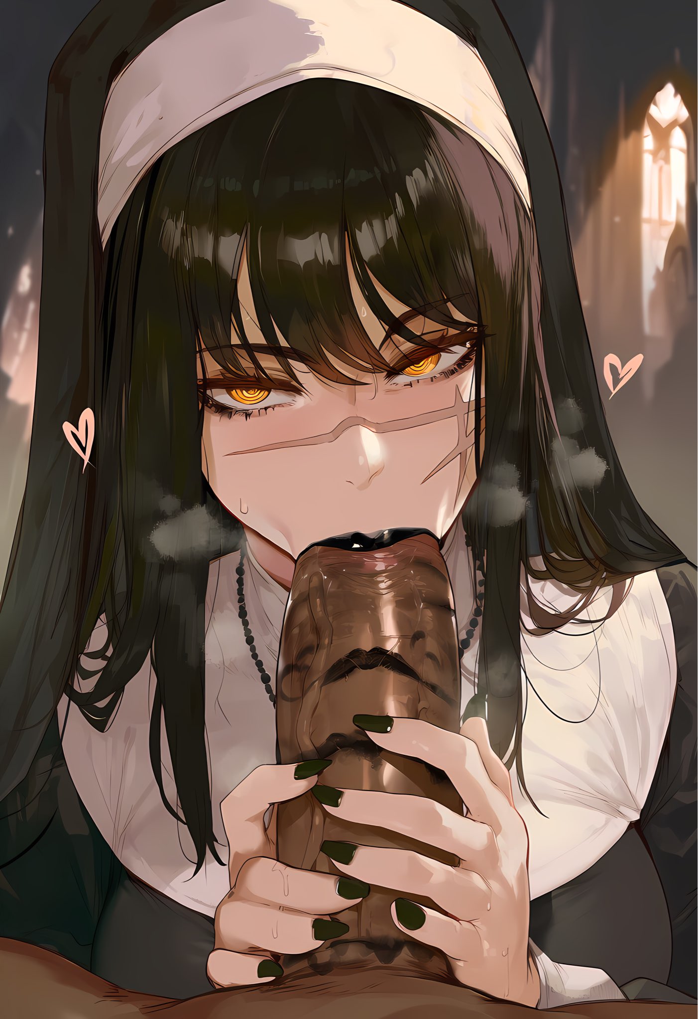 1girl, 1girls, 2025, ai, ai art, ai generated, big breasts, big penis, black hair, black lipstick, blowjob, blowjob face, blowjob focus, blowjob only, blowjob pov, bodily fluids, breath, breath cloud, breathing, breathing heavily, chainsaw man, church, church interior, clothed, clothed female, dark skin, dark-skinned male, deep blowjob, deepthroat, deepthroat mark, dress, eyebrows, eyelashes, eyewear, female, female focus, fluids, genlation, grabbing, grabbing penis, heart, heart symbol, heavy breathing, holding, holding object, holding penis, huge breasts, huge cock, indoors, inside, kneeling, large penis, light skin, light-skinned female, lips, lipstick, lipstick mark, lipstick marks, lipstick on penis, long hair, looking at partner, looking at viewer, nails, nun, nun dress, nun habit, nun outfit, nun veil, nun's habit, on knees, open clothes, oral, oral sex, out of frame, out of frame male, penis, penis out, pov, pov eye contact, pov male, scar, scar on face, uncensored, veiny, veiny penis, yellow eyes, yoru (chainsaw man)