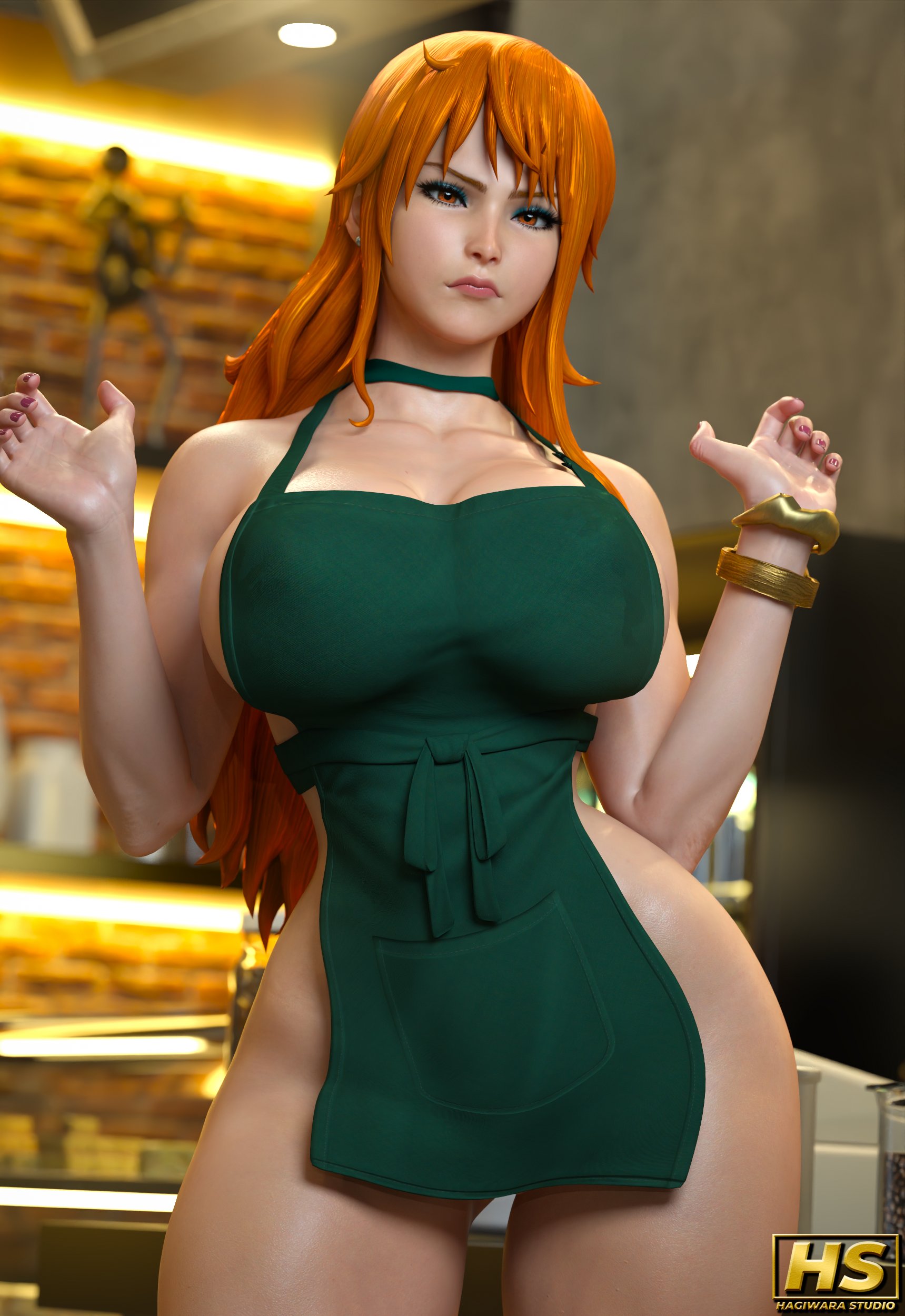 1girls, 3d, apron, apron only, ass, big ass, big breasts, breasts, cleavage, digital media (artwork), female, female only, hagiwara studio, huge ass, huge breasts, huge nipples, nami (one piece), one piece, orange hair, solo, thick thighs, voluptuous, voluptuous female