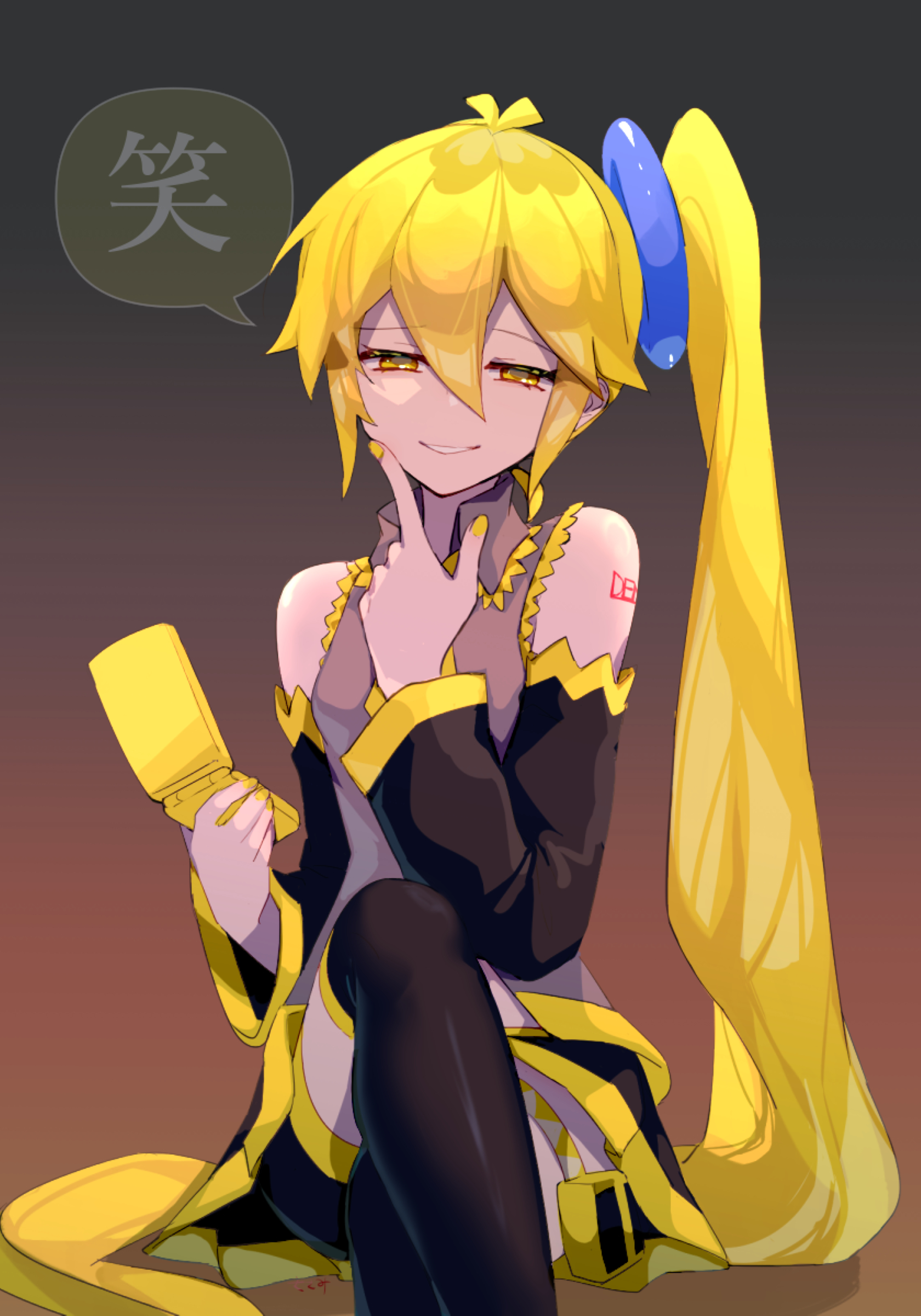 akita neru, blonde hair, half-closed eyes, looking at viewer, ponytail, side ponytail, speech bubble, teasing, teasing viewer, vocaloid, yellow eyes