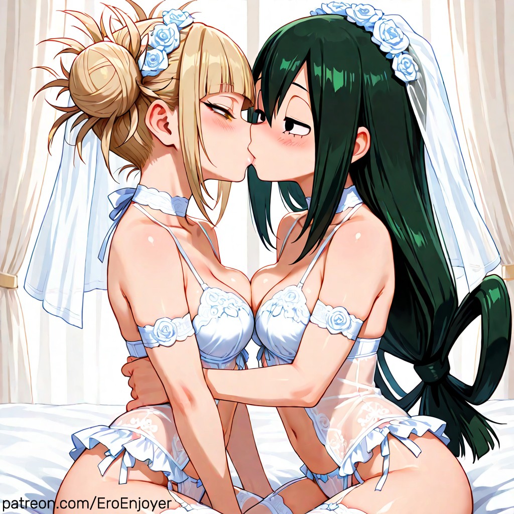 2girls, ai generated, blonde hair, blonde-haired female, blush, bridal lingerie, froppy, green hair, green-haired female, kissing, my hero academia, toga himiko, tsuyu asui, wife