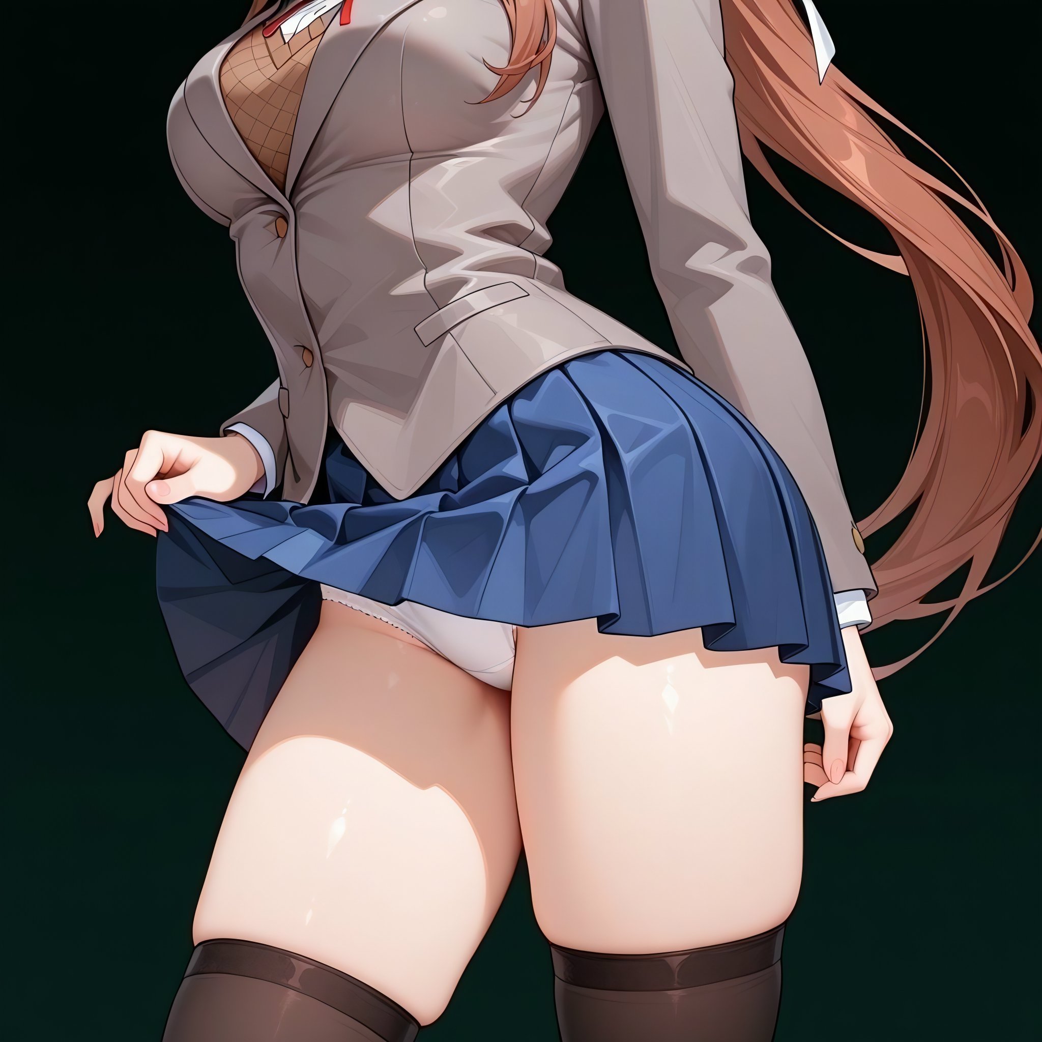 1girls, ai generated, clothed, clothes, clothing, clothing lift, doki doki literature club, female, jeff ddlc, monika (doki doki literature club), panties, skirt, skirt lift, solo, thick thighs, thigh highs, thighhighs, thighs, white panties