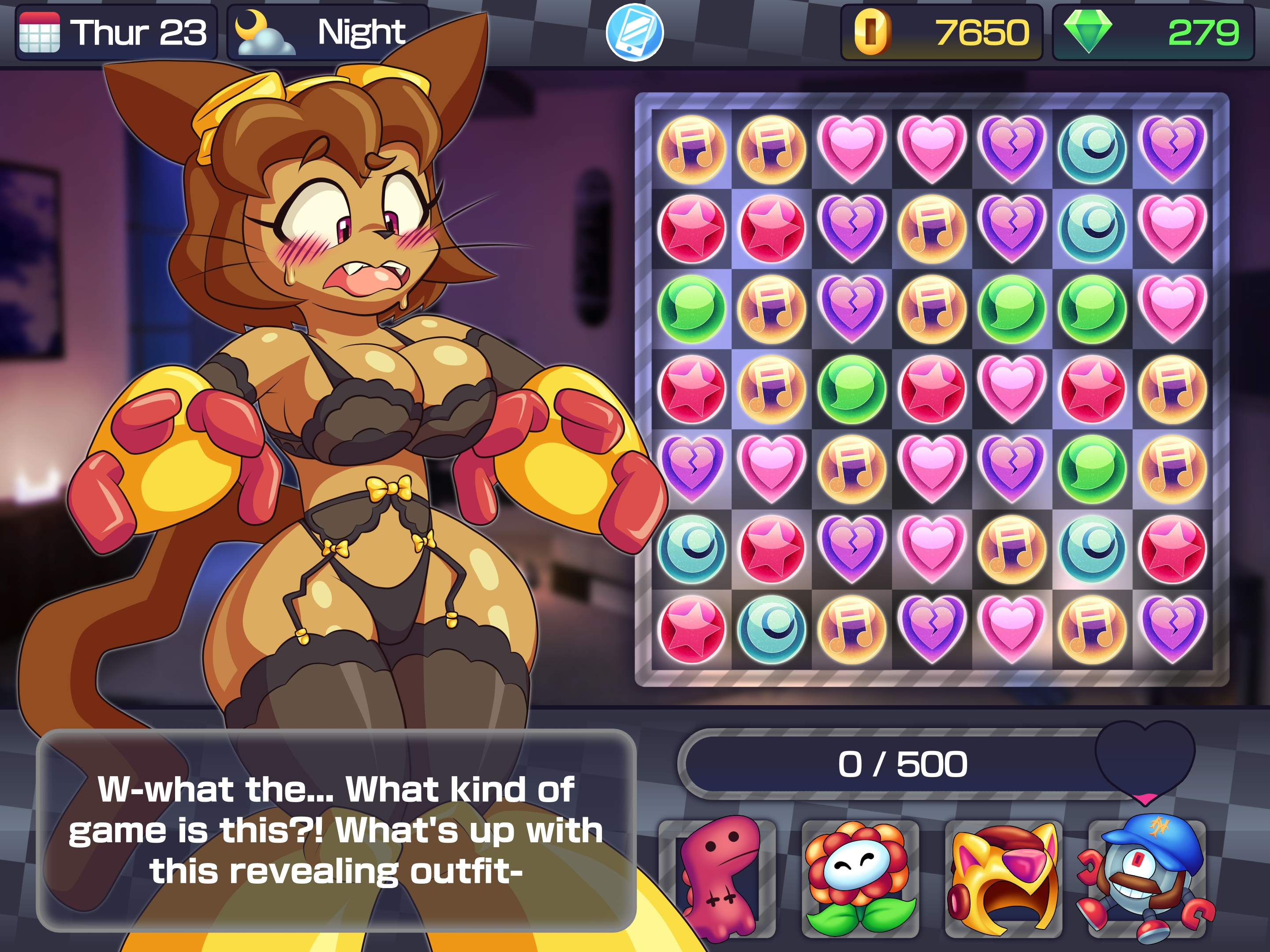 1girls, 2d, anthro, big breasts, black bra, black panties, blurred background, blurry background, blush, breasts, brown body, brown fur, brown hair, catgirl, clothed, clothing, color, crossover, dialogue, domestic cat, embarrassed, english text, eyebrows raised, fake screenshot, felid, feline, felis, female, female focus, furry, game ui, gameoverse, gameplay mechanics, garter belt, garter straps, glitch productions, goggles, goggles on head, horizontal pupils, huniepop, kaboodle (gameoverse), kit (gameoverse), kit bodega, laced bra, laced underwear, lingerie, nyabellart, panties, rectangular pupils, red eyes, robot, robotic arm, robotic legs, robotic limb, room, solo, surprised, text, text box, twitter link, video games