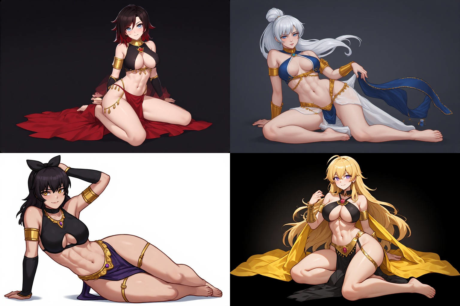 ai generated, black hair, blake belladonna, blonde hair, blue eyes, female, female only, gold eyes, lavender eyes, red hair, ruby rose, rwby, silver eyes, slave outfit, weiss schnee, white hair, yang xiao long