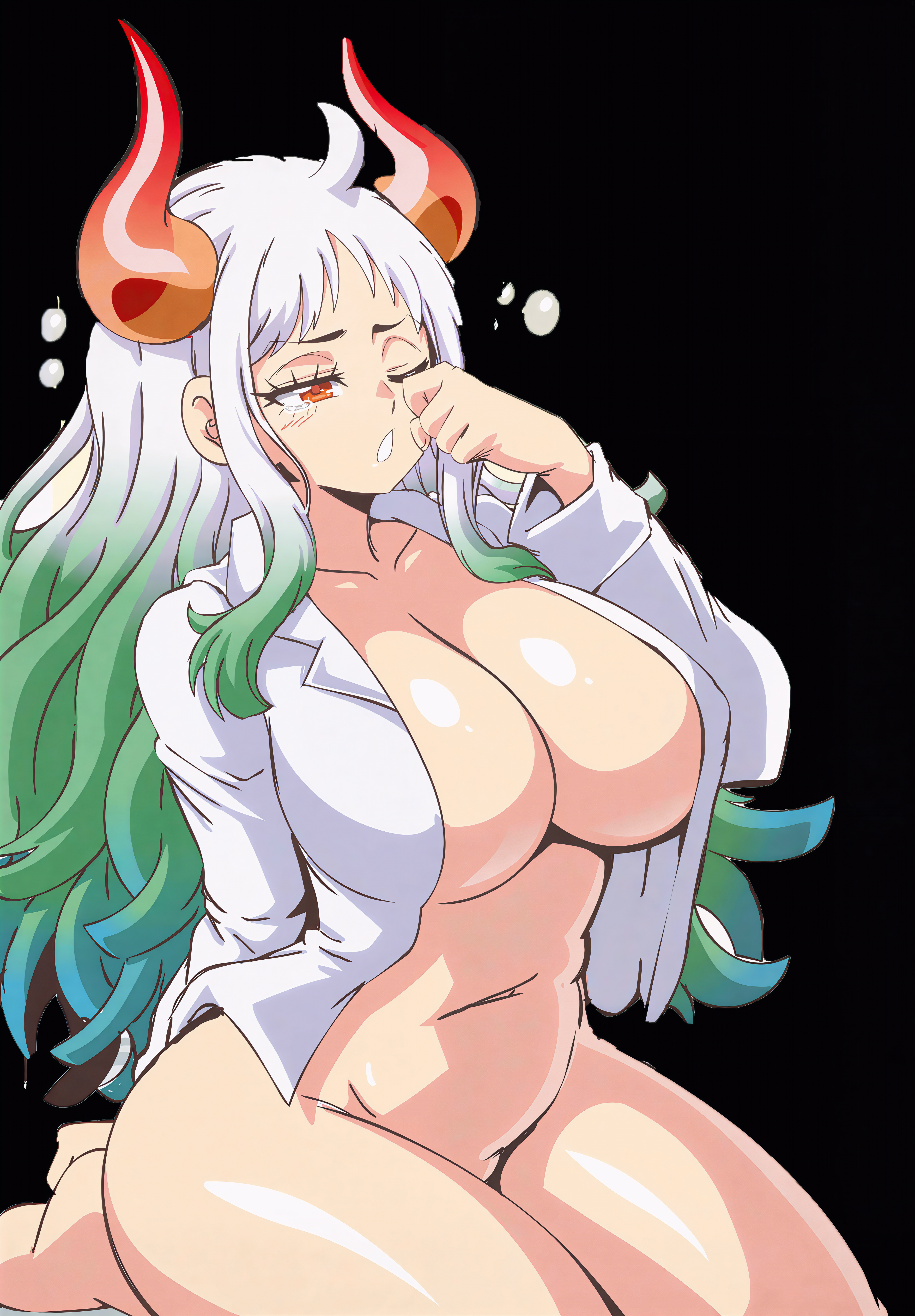 1girls, beautiful female, belly, belly button, boobs bigger than head, breasts, cleavage, curvy, curvy body, curvy female, curvy figure, curvy hips, cute face, cute female, feet, female, female only, horns, lewdamone, navel, nearly nude, nipples covered, on knees, one piece, rubbing eye, sexy, sexy body, sexy female, thick ass, thick thighs, two-tone hair, waking up, white hair, white shirt, white-haired female, yamato (one piece)